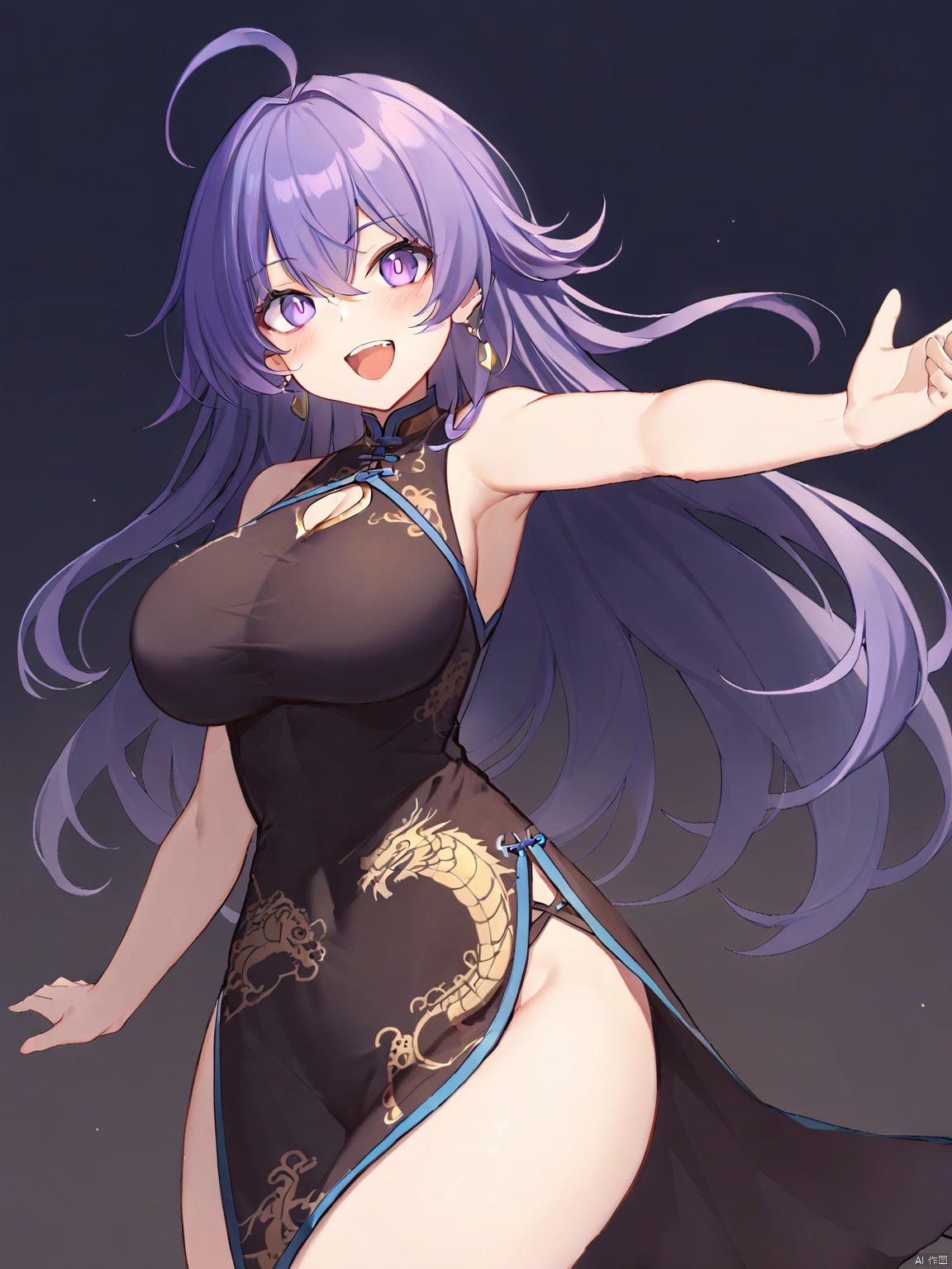 ,xichun,1girl, solo, long hair, breasts, looking at viewer, blush, smile, open mouth, bangs, large breasts, simple background, dress, holding,  hair between eyes,  jewelry, medium breasts, purple eyes, purple hair, ahoge, :d, cowboy shot, earrings, teeth, sleeveless, black dress, gradient, bare arms, gradient background, clothing cutout, sleeveless dress, glowing, wavy hair, chinese clothes, red dress,  outstretched arms, foreshortening, china dress, glowing eyes, pelvic curtain, side slit, cowlick, chinese new year