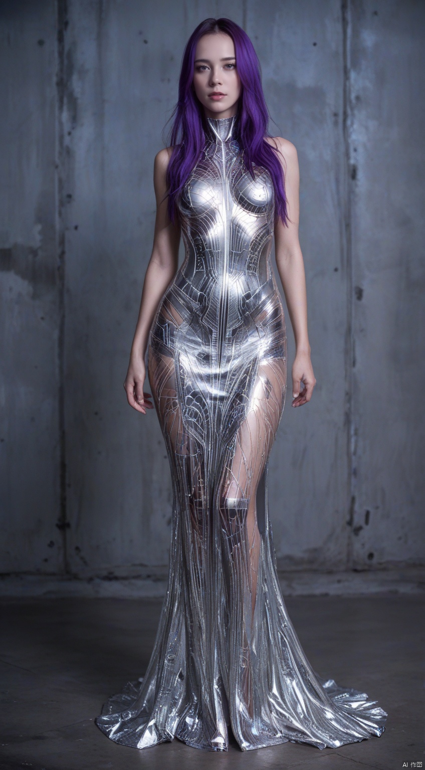 A robot woman,with a futuristic background. She has purple hair. There are mechanical plates on her face,a silver-white neck.She is wearing a cyberpunk glowing dress,Surrealism,fashion art,masterpiece,
fully body,((very delicate light)), ((fine lighting,very fine 8KCG wallpapers)),Depth of field, realistic lighting, ray tracing, OC renderer, UE5 renderer, ultra realistic, best quality, 8K, master level work, ultra fine, details, correct human body structure,score_9_up,score_8_up,score_7_up,muscler.,MAJICMIX STYLE