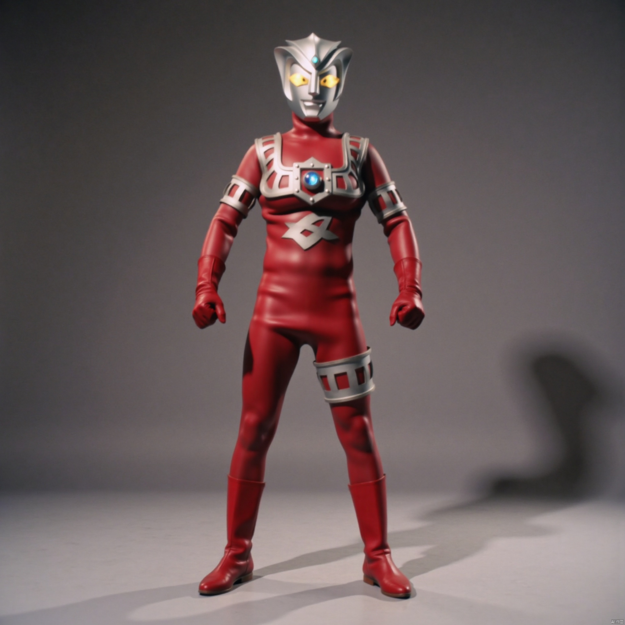 ultraman,red bodysuit,red gloves,legwear,gloves,boots,cover,mask,plugsuit,armor,bodysuit,silver pattern on body,red tight-fitting,red footwear,helmet,leather suit,latex,tokusatsu,no humans,science fiction,silver head,hard mask,no smile,no eyes,no nose,solo,red rubber bodysuit with silver line
