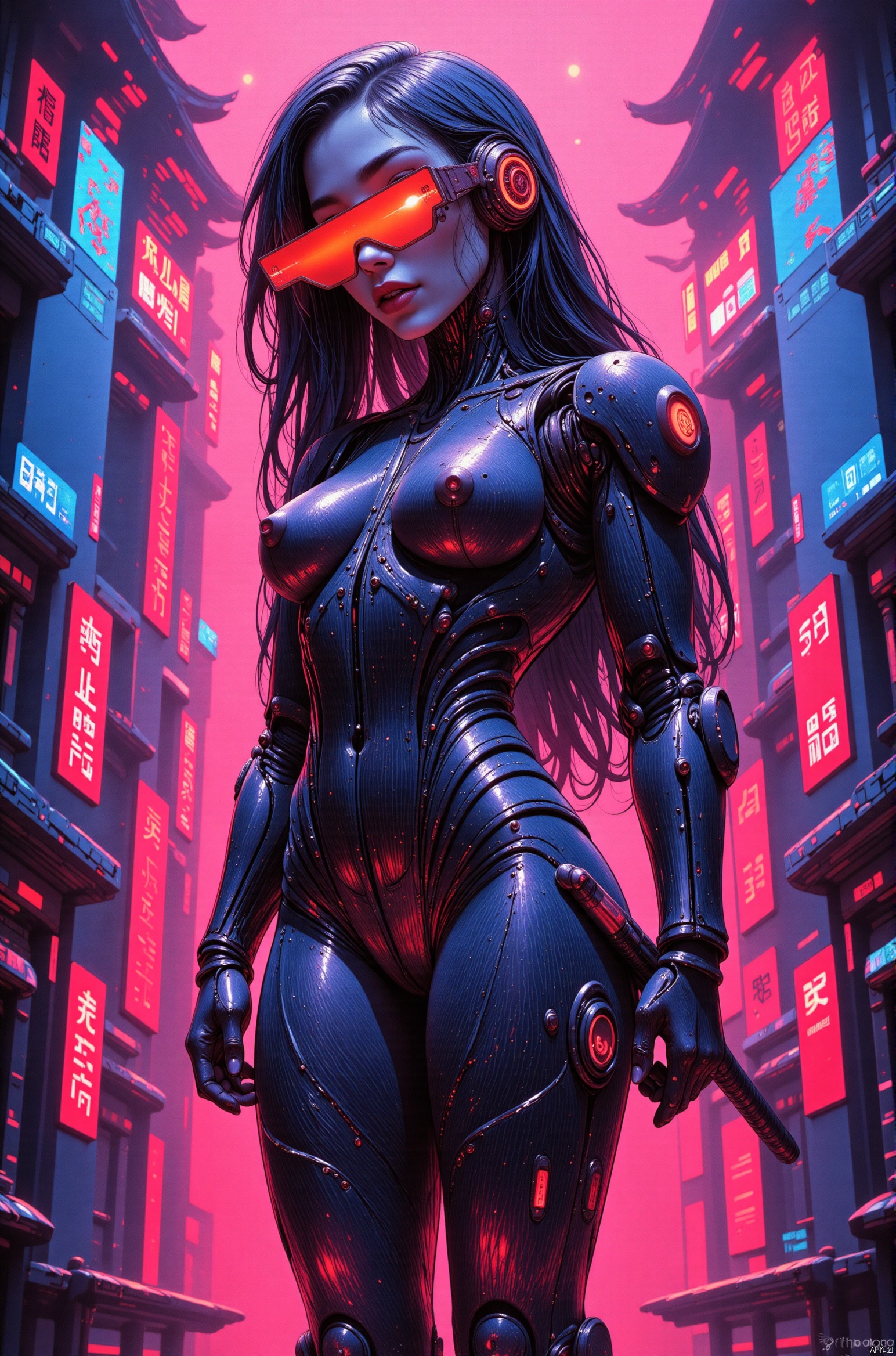 vibrant reflective holographic drawing in the style of ckhg, female cyberpunk robot samurai, robot face with mirrored face shield, hyperdetailed helmet, flowing black hair, reflective black and neon red SilverPulse armor, robot joints, body made of metals, cables and wires, a katana strapped to her back, abstract background suggesting eastern temple,AIDMAFLUXPROULTRA,DETAIL FACE,IMPROVED,MECHANICAL TRANSFORMATION,,MECHANICAL PARTS,,hkbeauty