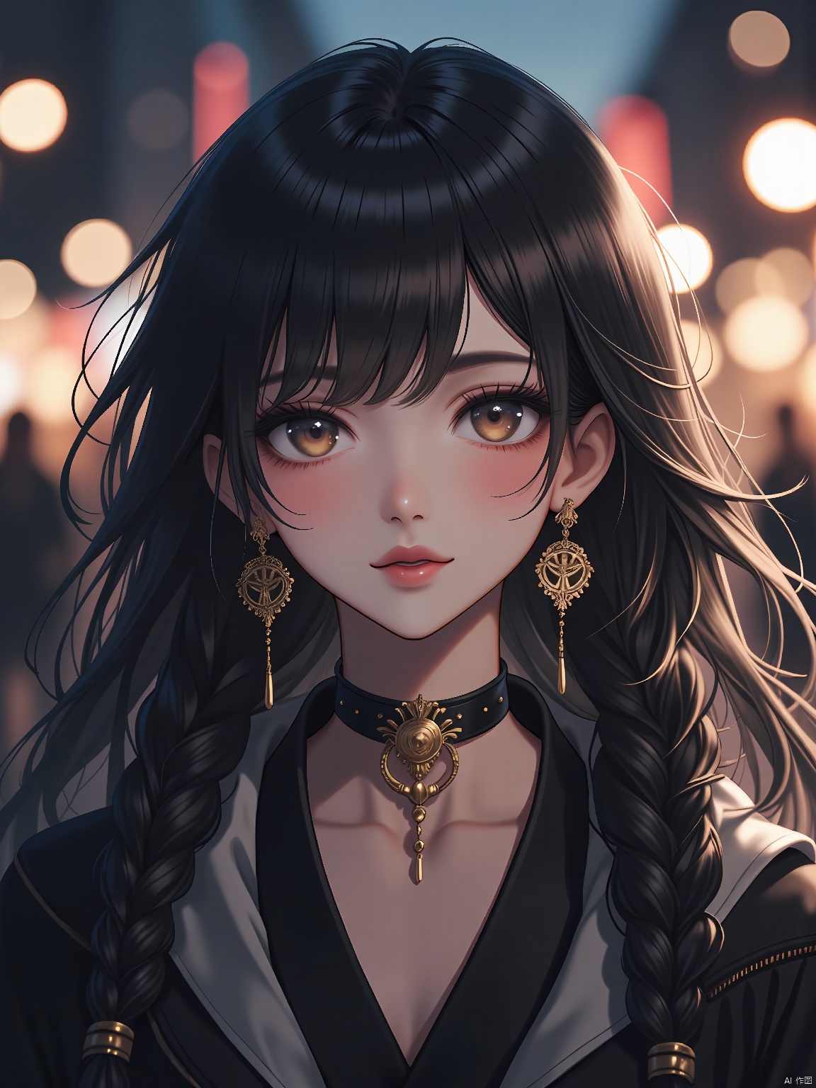 sdmai, quanxishaonv, 1girl, solo, black hair, jewelry, blurry, looking at viewer, earrings, braid, long hair, blurry background, upper body, hair ornament, twin braids, lips, jacket, depth of field