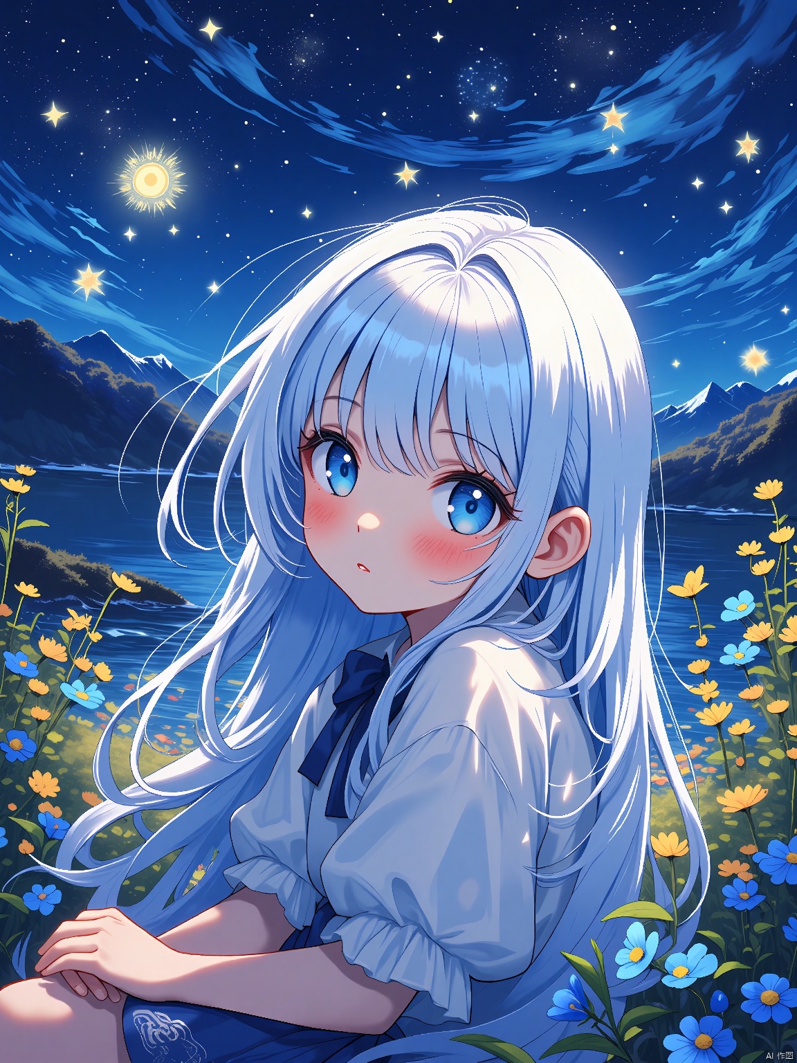  illustration, ((close)),from side,a kawaii girl with long white hair, featuring bangs and captivating blue eyes,sitting,looking at the sky, a path to dreams,(cartoon:1.2),BREAK,beauty,\
(Van Gogh's starry night\:1.2), dreams, health, art, illustrations,Create a dreamlike starry background, warm and beautiful, abstract and realistic, an extremely delicate and beautiful,extremely detailed,8k wallpaper,Amazing,finely detail,best quality,official art,extremely detailed, CG, unity, 8k, wallpaper , Children's Illustration Style, Scribble,