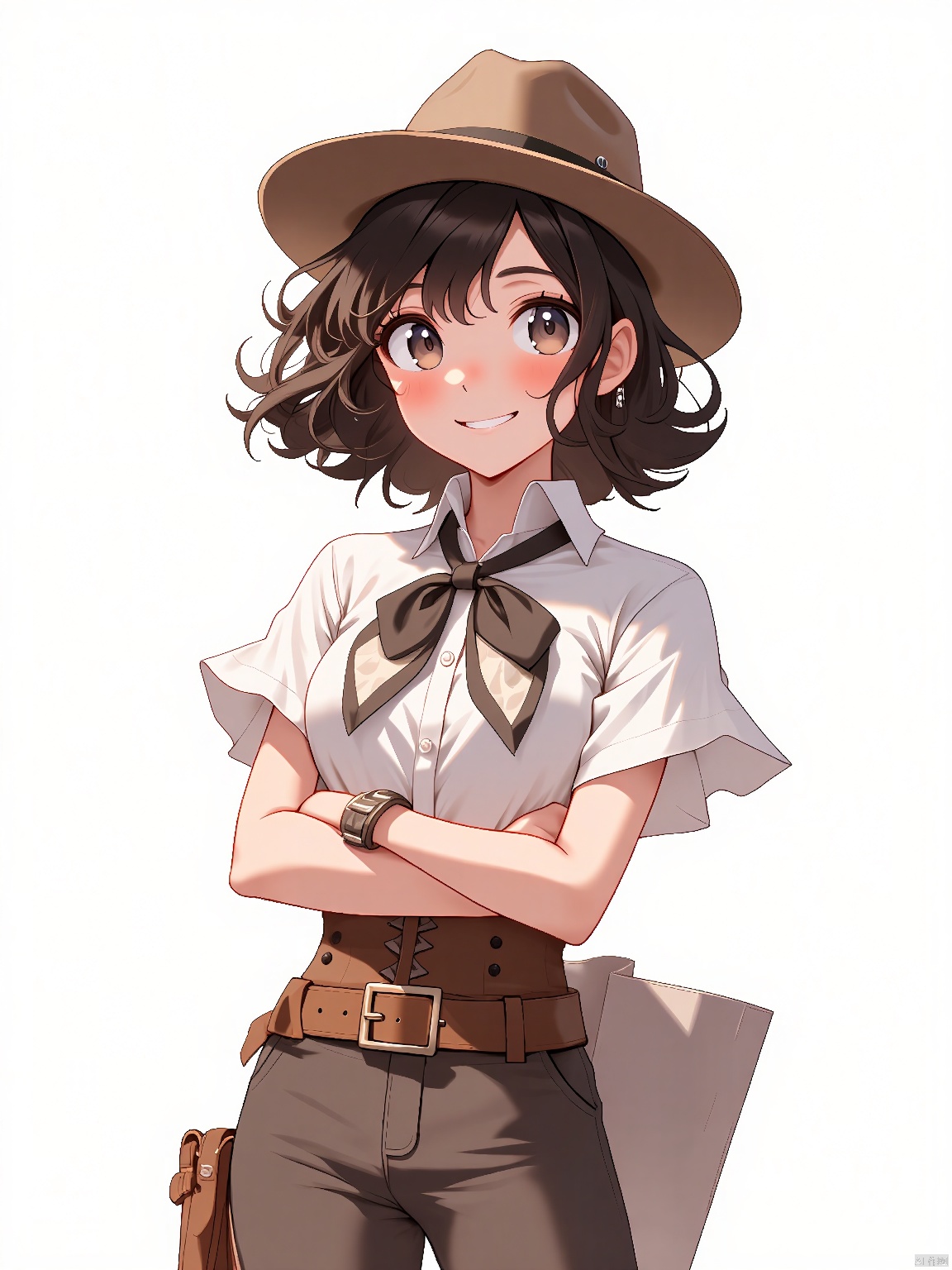 Illustrator,American_Cartoon,1girl,looking_at_viewer,stetson,white_shirt,corset,belt,triangle_scarf,Order,upper_body,,pure_white_background, big_head, HTTP, bianpingshouhui