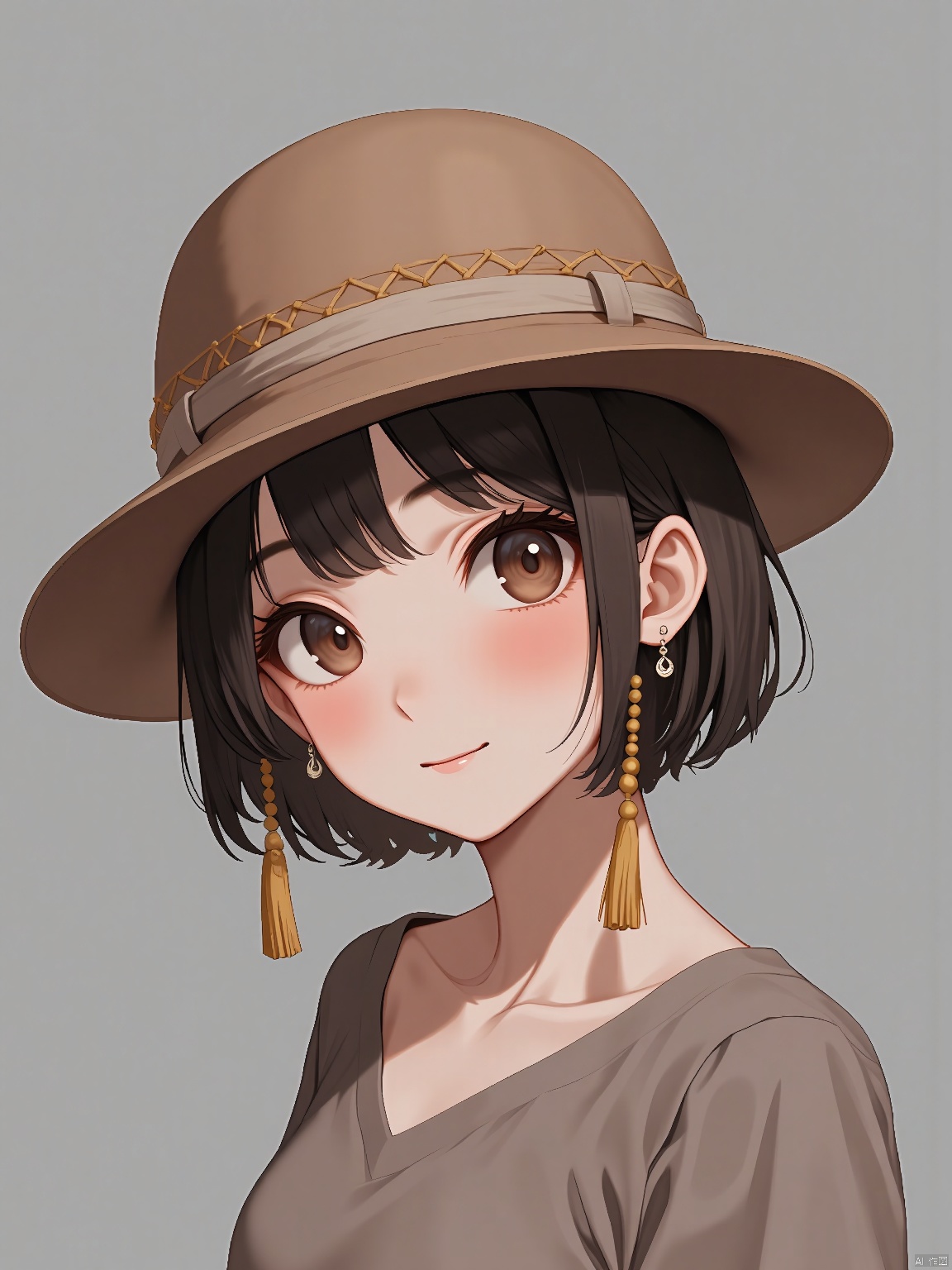 shenian, hat, solo, looking at viewer, smile, full body, brown eyes, tassel, grey background, closed mouth, simple background,,, masterpiece, best quality,