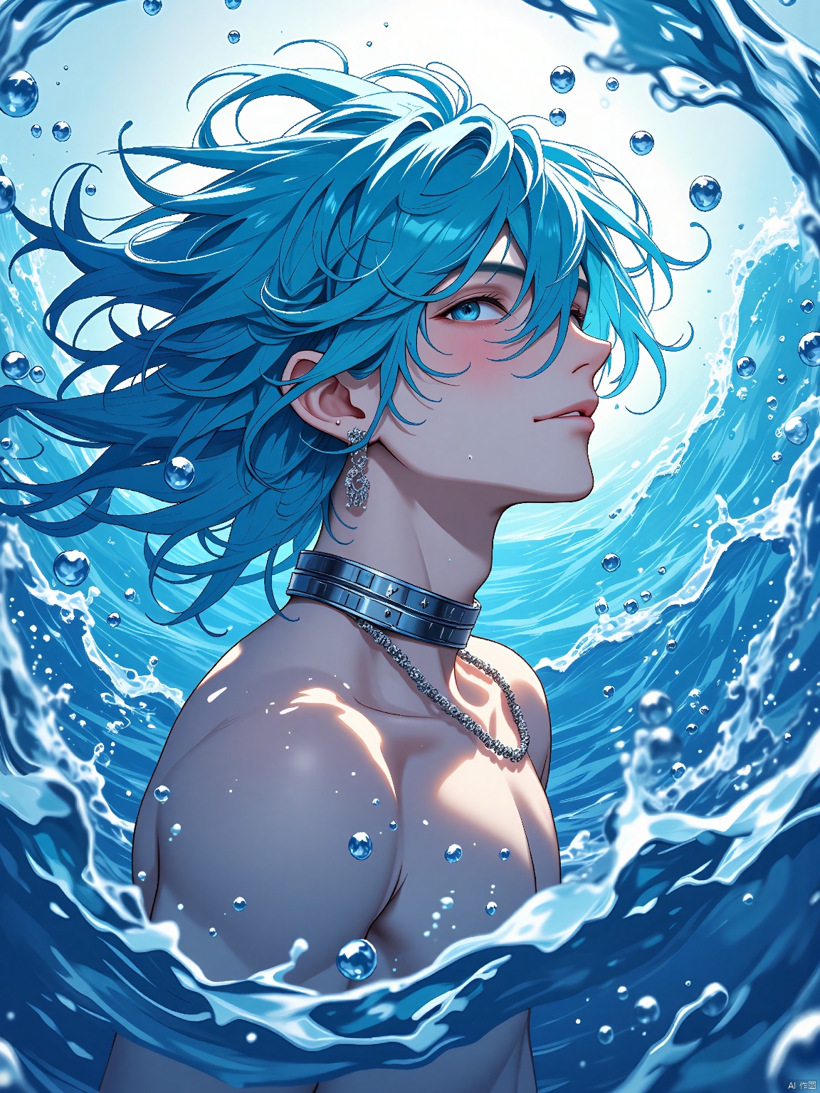1boy, afloat, air bubble, aqua hair, blue hair, bubble, caustics, floating hair, jewelry, long hair, looking at viewer, male focus,fluid,Water magic ,Fluid hair,Flowing water, necklace, ocean, partially submerged, solo, splashing, submerged, underwater, water, water drop, waves, wet