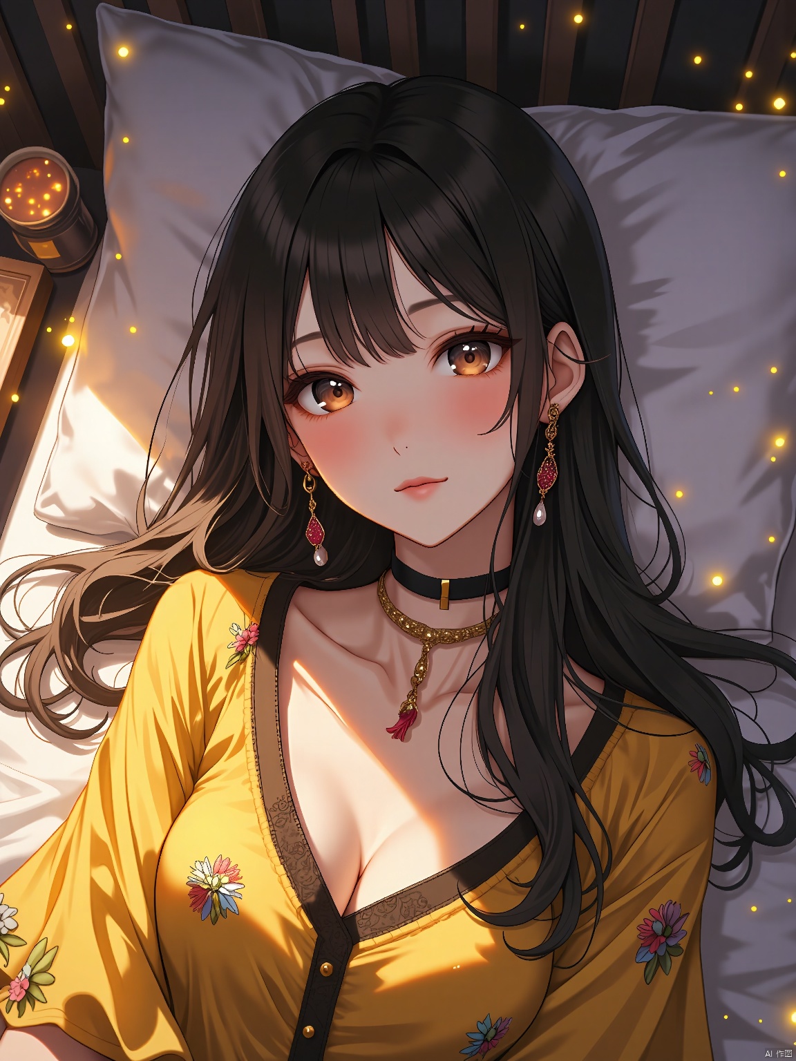 1girl,jewelry,necklace,realistic,black hair,brown eyes,long hair,(yellow printed dress:1.1),solo focus, room,neon lights, bed, pillow, YZLS, qipao