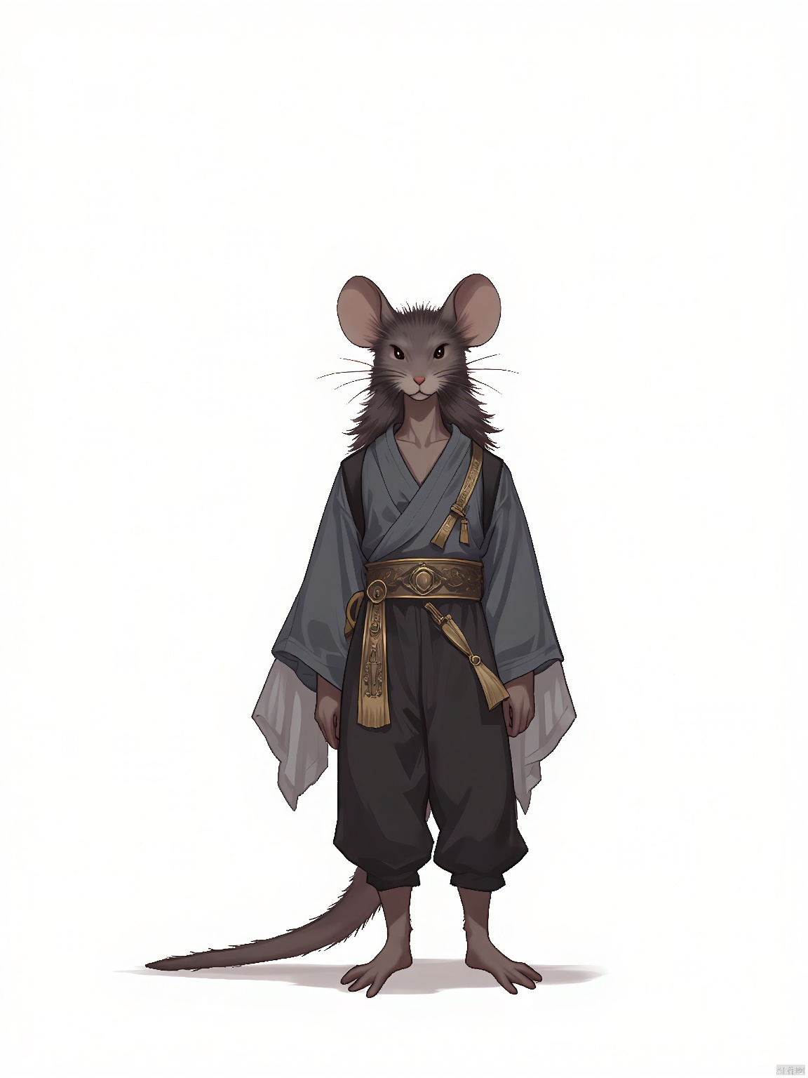 Rat, solo, furry, dougi, simple background, long sleeves, white background, animal ears, standing, tail, barefoot, sash, black pants, mouse ears, furry male, mouse tail, full body