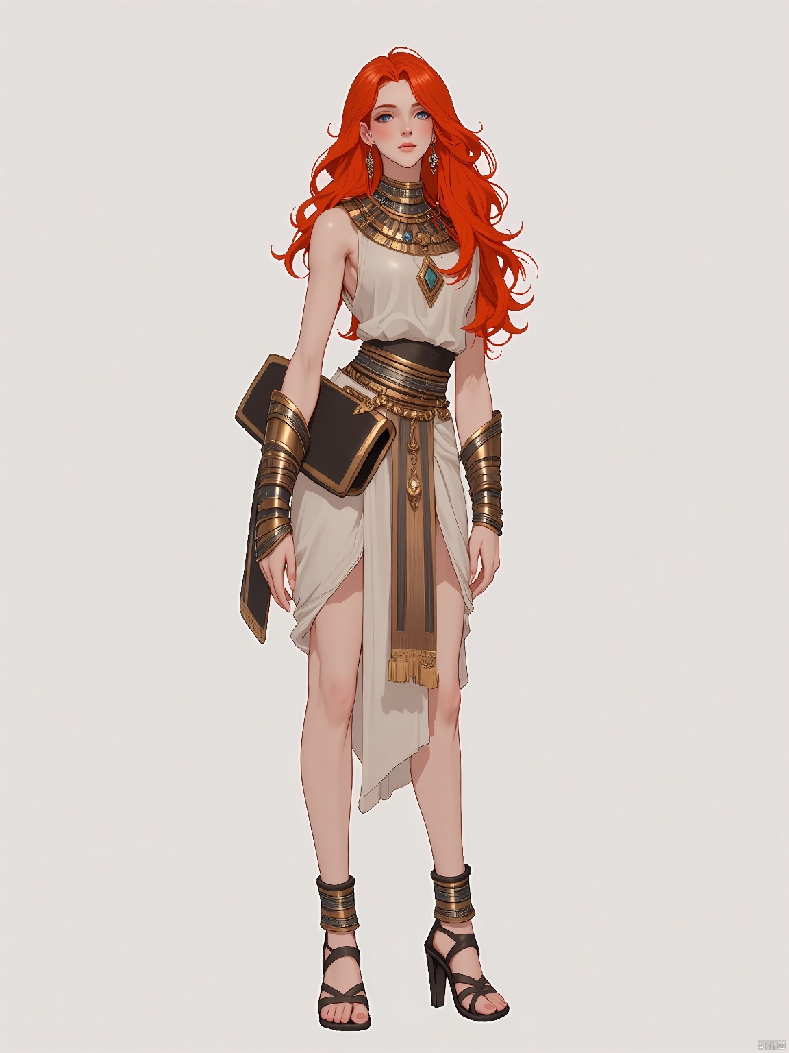 Concept Art,European and American Cartoons,Game Character Design,1 Girl,Solo,Redhead,Long Hair,Jewelry,Earrings,Gray Background,Simple Background,Long Hair,Standing,Full Body,Looking at the Audience,Sandals,Toe Shoes,Metal Gloves,Egyptian Costume Style,