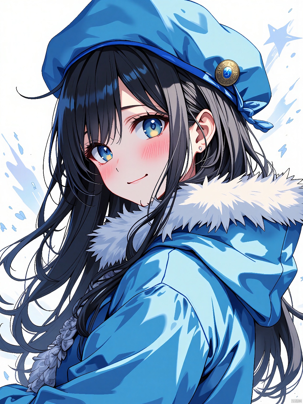  ((masterpiece,best quality)), ink-painting,highres, 1girl, furina, heterochromia, blue hat, tears in eyes, smile, long sleeves, looking back,