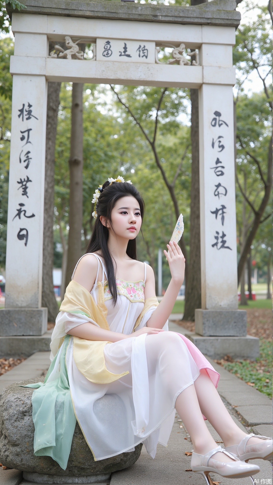 The image shows a young woman dressed in traditional Chinese clothing, sitting on a rock in front of a white archway with Chinese characters written on it. She is wearing a long, flowing white dress with a pink and yellow floral pattern and has long black hair styled in a traditional updo. The woman is holding a small fan in her hand and is looking off to the side with a serious expression on her face. The archway is surrounded by trees and greenery, and there is a stone pathway leading up to it. The overall mood of the image is peaceful and serene.