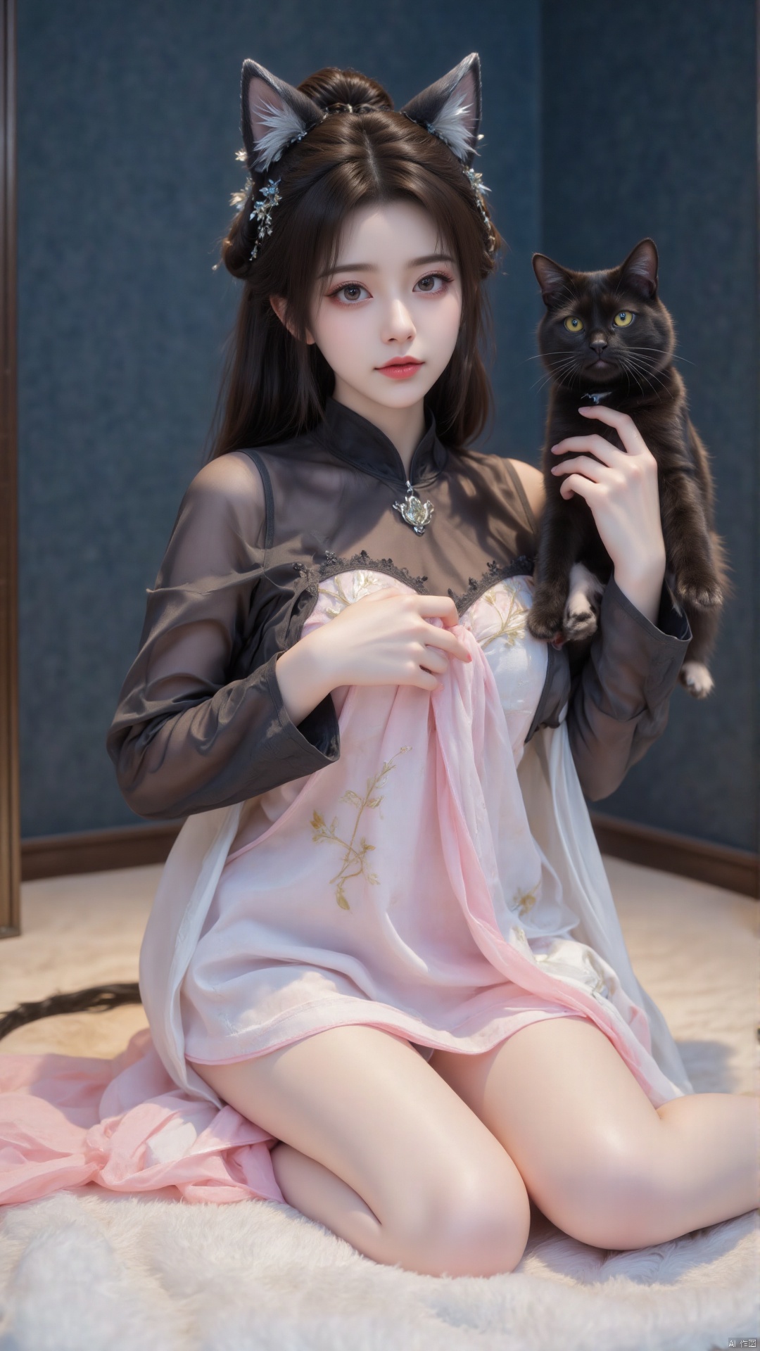 The image shows a young woman posing in a cosplay outfit. She is wearing a black and pink dress with a white skirt and a b...