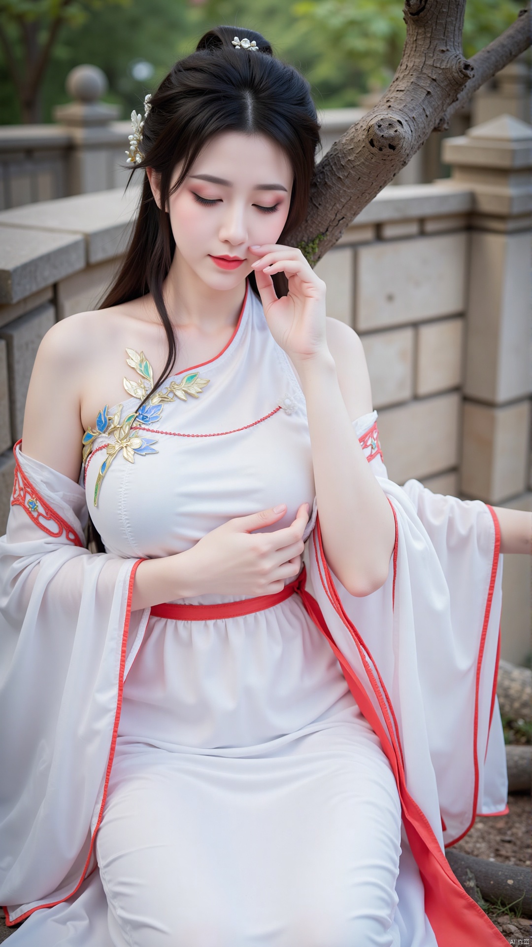 The image shows a young woman sleeping on a tree branch. She is wearing a traditional Chinese dress with a white and red c...