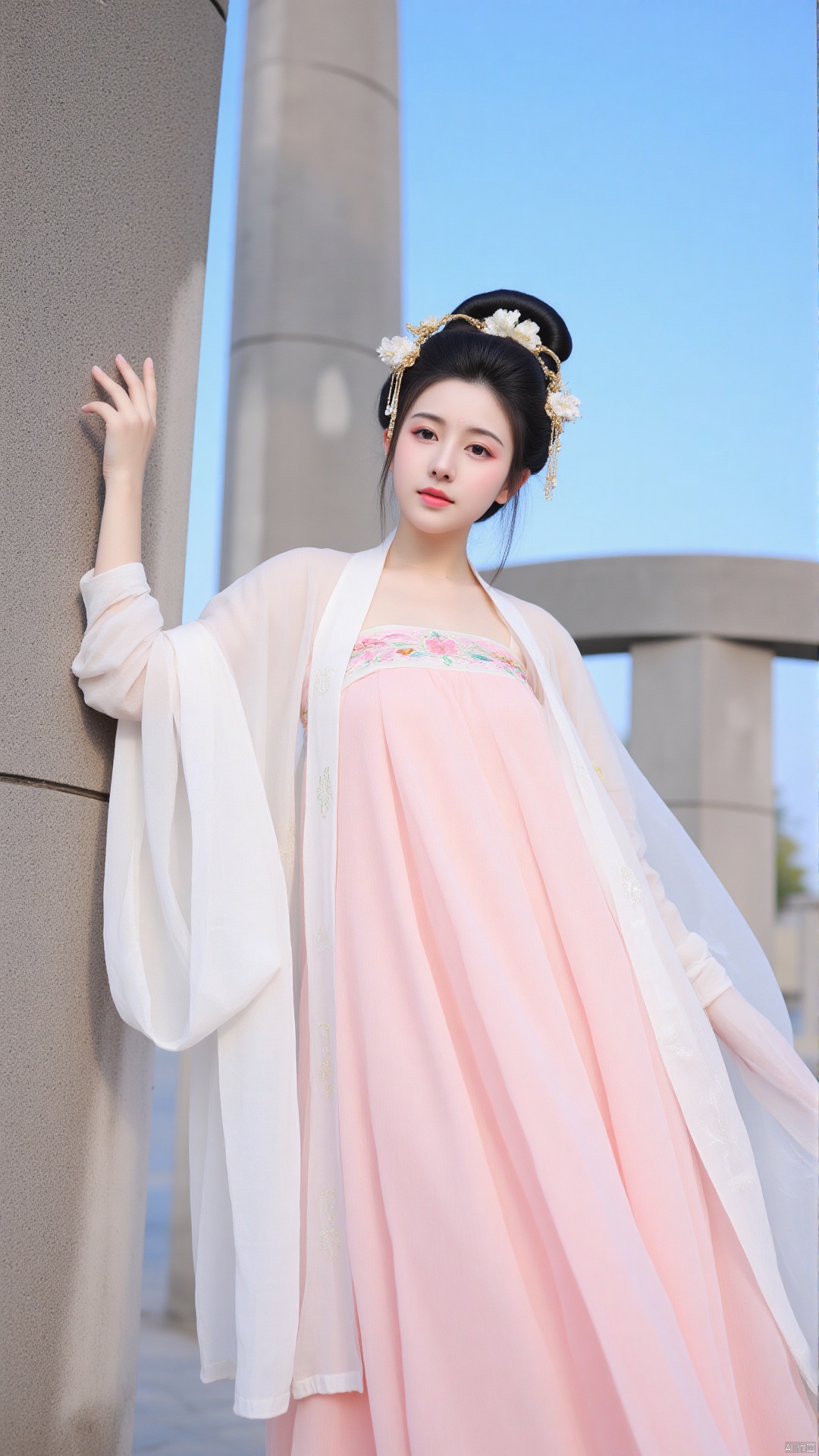 The image is a portrait of a young woman wearing a traditional Chinese dress. She is standing in front of a stone structure with a blue sky in the background. The woman is wearing a long,flowing pink dress with intricate embroidery and a white shawl draped over her shoulders. She has a flower crown on her head and her hair is styled in a bun. The dress has a high neckline and long sleeves,and the skirt is full and flowing. The overall style of the dress is elegant and traditional.,