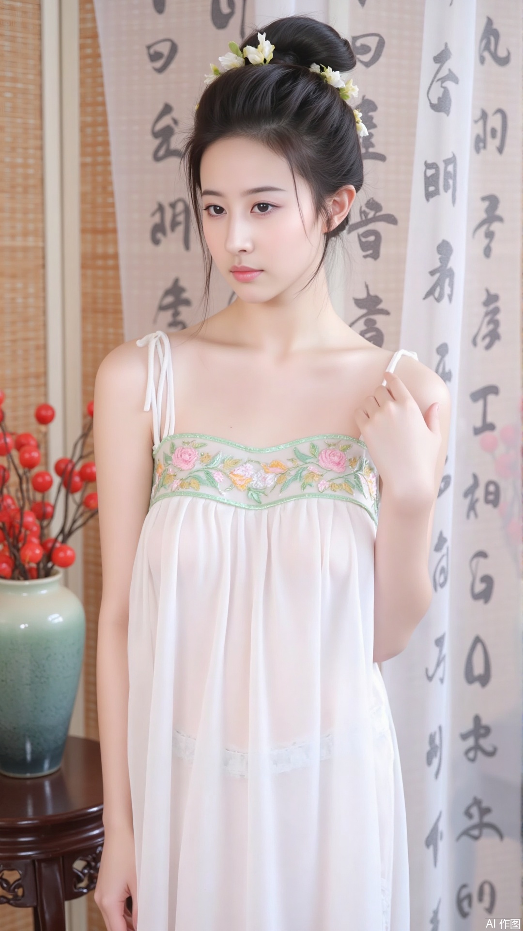 The image is a portrait of a young woman wearing a traditional Chinese dress. She is standing in front of a white curtain with Chinese characters written on it. The woman has long dark hair styled in a high bun with a flower crown on top. She has a serious expression on her face and is posing with one hand on her hip and the other resting on her shoulder. The dress is white with green and pink floral embroidery on the bodice and sleeves. There is a vase of red berries on the table next to her. The overall mood of the image is elegant and traditional.