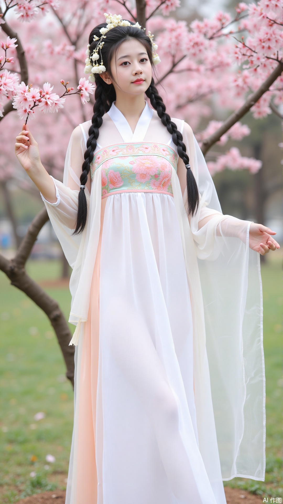 The image is a portrait of a young woman wearing a traditional Chinese dress. She is standing in front of a tree with pink cherry blossom trees in full bloom. The woman is wearing a long, flowing white dress with a pink and green floral pattern on the bodice and skirt. She has long black hair styled in two braids and a flower crown on her head. The dress has a high neckline and long sleeves, and the skirt flares out slightly at the bottom. The background is blurred, but it appears to be a park or garden with greenery and trees. The overall mood of the image is peaceful and serene.