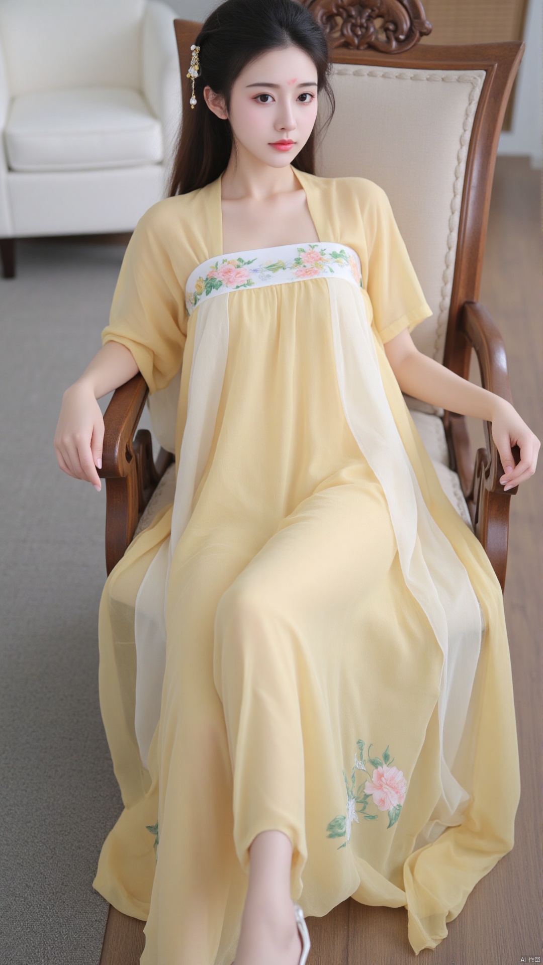 tyz,tyz,The image is a portrait of a young woman sitting on a wooden chair in a living room. She is wearing a long, flowy yellow dress with a floral pattern and white high heels. The dress has a deep V-neckline and short sleeves. The woman has long dark hair styled in loose waves and is looking directly at the camera with a serious expression. The floor is covered with a gray rug and there is a white armchair in the background. The overall mood of the image is elegant and sophisticated.