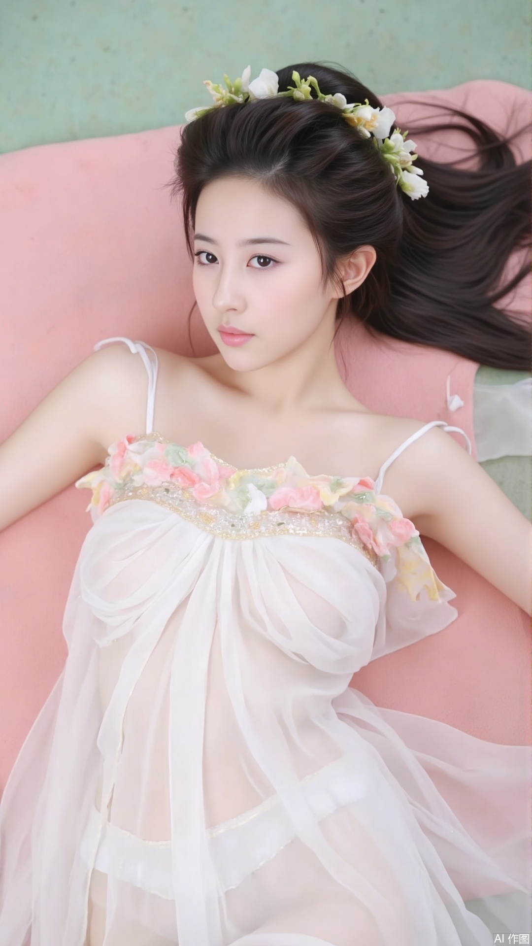 The image is a portrait of a young woman lying on a pink blanket. She is wearing a long, flowing white dress with a pink and white floral design on the bodice and skirt. Her hair is styled in a half-up, half-down hairstyle with a flower crown on top. She has long dark hair and is looking directly at the camera with a serious expression. The background is a light green color, and the overall mood of the image is elegant and romantic.