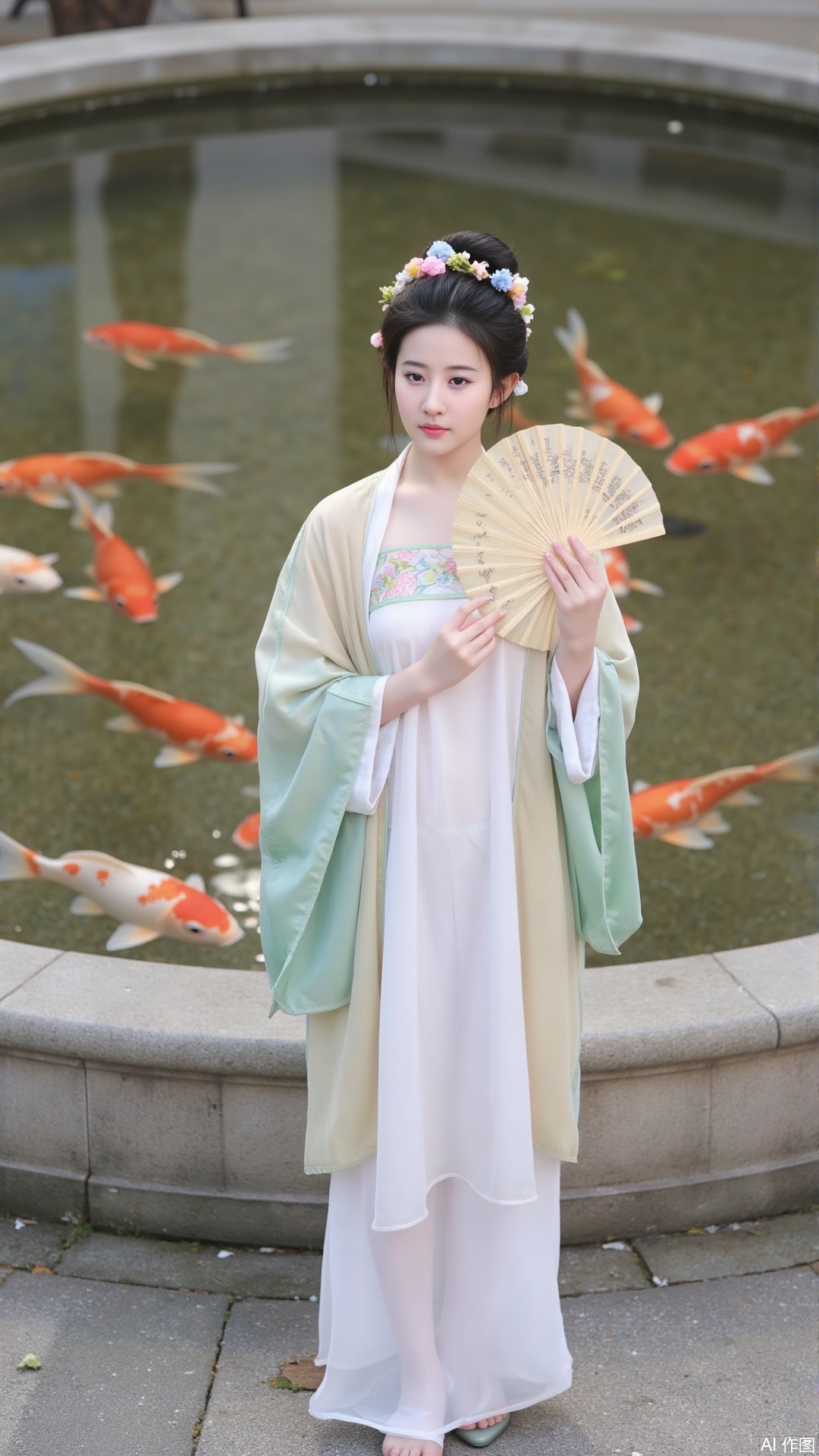 The image shows a young woman wearing a traditional Chinese Hanfu outfit. She is standing in front of a large circular pond with several goldfish swimming in it. The woman is holding a bamboo fan in her right hand and has a flower crown on her head. She has dark hair styled in a bun with pink and blue flowers. The background is blurred, but it appears to be an outdoor setting with a building and a tree visible. The overall mood of the image is peaceful and serene.