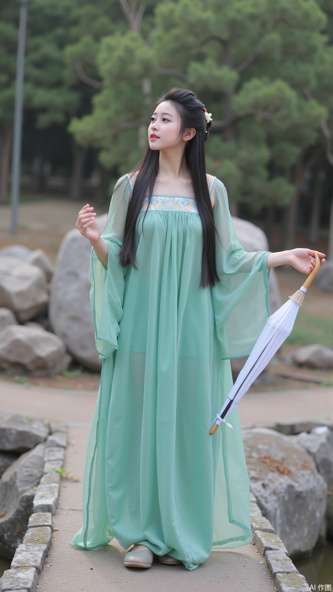 The image shows a young woman standing on a stone bridge over a pond. She is wearing a long, flowing green dress with a high neckline and long sleeves. Her long black hair is styled in a half-up, half-down look and she is holding a white umbrella in her right hand. The woman is looking off into the distance with a peaceful expression on her face. The background is filled with trees and rocks, creating a peaceful and serene atmosphere. The overall mood of the image is serene and contemplative.