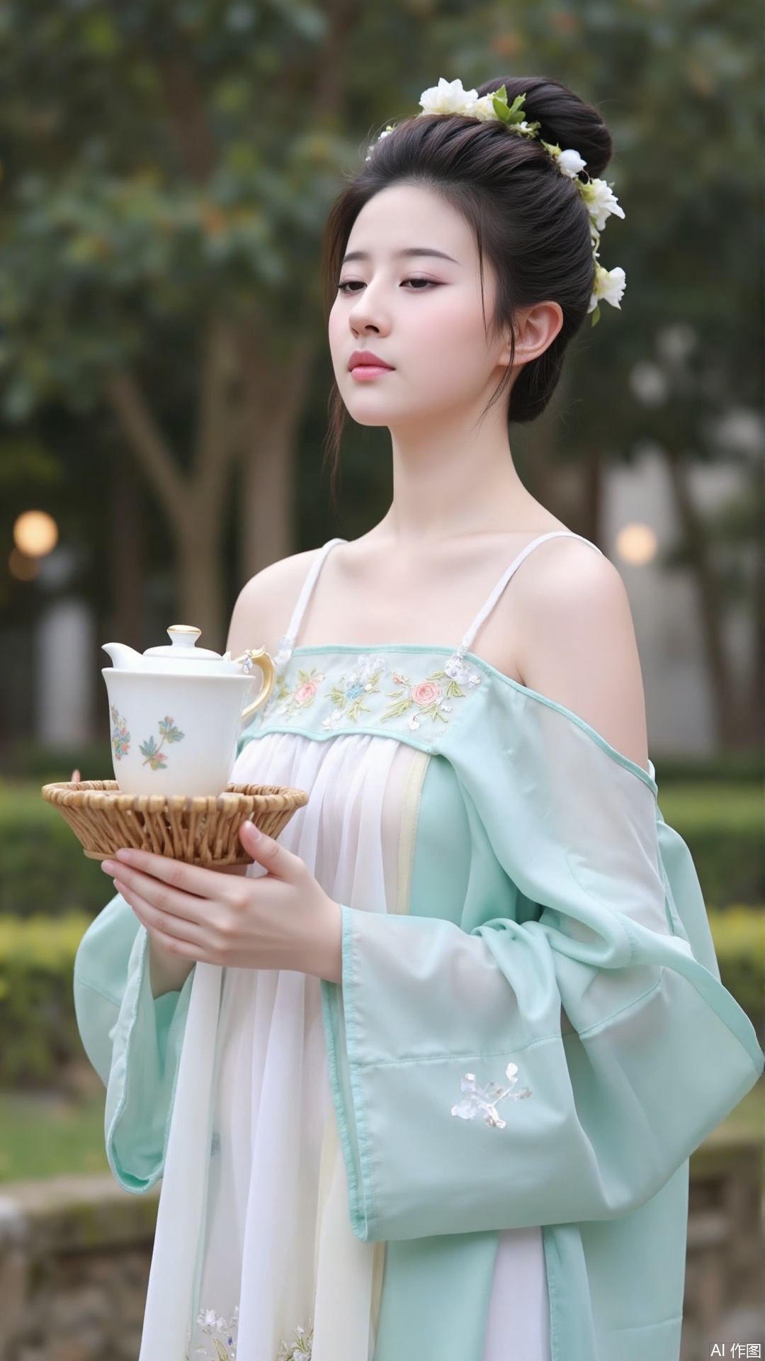 The image shows a young woman wearing a traditional Chinese Hanfu dress. She is standing in a garden with trees and greenery in the background. The woman is holding a bamboo tray with a teapot and a cup on it. The dress is light blue with white embroidery and has a high neckline and long sleeves. She has her hair styled in a bun with a flower crown on top. Her makeup is subtle and natural, with a hint of pink lipstick. She appears to be deep in thought, with her eyes closed and a peaceful expression on her face.