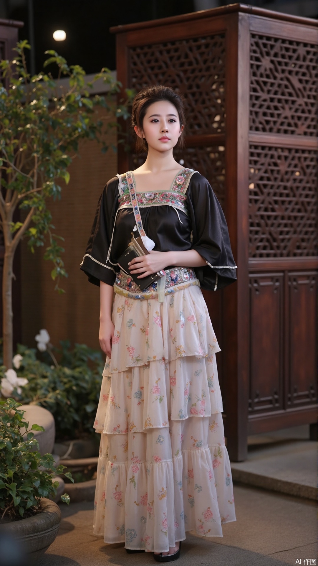 a person standing in an outdoor setting, possibly a garden or a traditional courtyard. The individual is dressed in a traditional or historical-style outfit, featuring a black top with intricate designs and a flowing, layered skirt with floral patterns. The person is holding a book or a small rectangular object in their right hand. The background includes elements such as a wooden lattice gate, plants, and a stone pathway, creating a serene and traditional atmosphere. The scene appears to be well-lit, possibly at dusk or night, with soft lighting enhancing the tranquil ambiance.