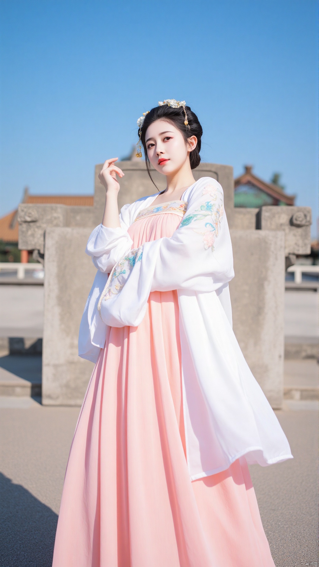 The image is a portrait of a young woman wearing a traditional Chinese dress. She is standing in front of a stone structure with a blue sky in the background. The woman is wearing a long,flowing pink dress with intricate embroidery and a white shawl draped over her shoulders. She has a flower crown on her head and her hair is styled in a bun. The dress has a high neckline and long sleeves,and the skirt is full and flowing. The overall style of the dress is elegant and traditional.,