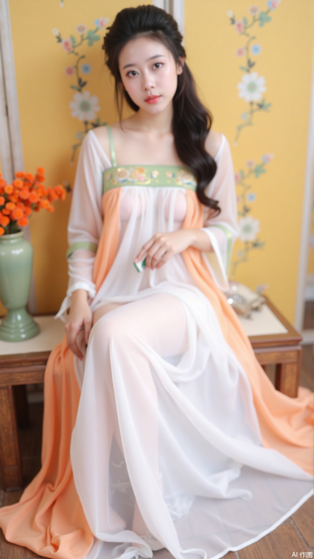 The image shows a young woman sitting on a wooden floor in front of a yellow wall with a floral design. She is wearing a long, flowing white dress with orange and green accents. The dress has a high neckline and long sleeves. She has long dark hair styled in loose waves and is holding a small green object in her hand. The woman is looking off to the side with a serious expression on her face. The background is blurred, but it appears to be a room with a window and a vase of orange flowers. The overall mood of the image is elegant and romantic.