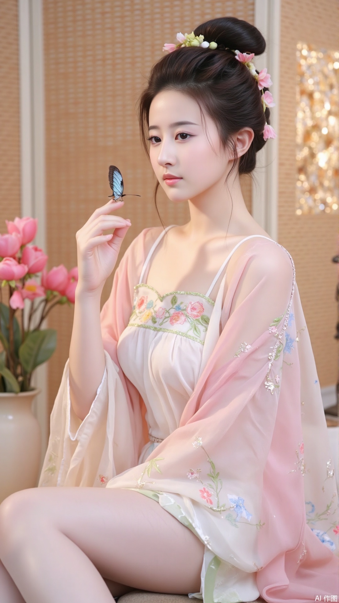 The image is a portrait of a young woman wearing a traditional Chinese Hanfu dress. She is sitting on a bed with a vase of pink peonies on the left side of the image. The woman is wearing a pink and white kimono with a floral pattern and has her hair styled in a half-up, half-down hairstyle with pink flowers in her hair. She has a butterfly perched on her left hand and is holding a small blue butterfly in her right hand. The background is blurred, but it appears to be a room with a chandelier and a statue of a bird. The lighting is soft and warm, creating a cozy atmosphere.