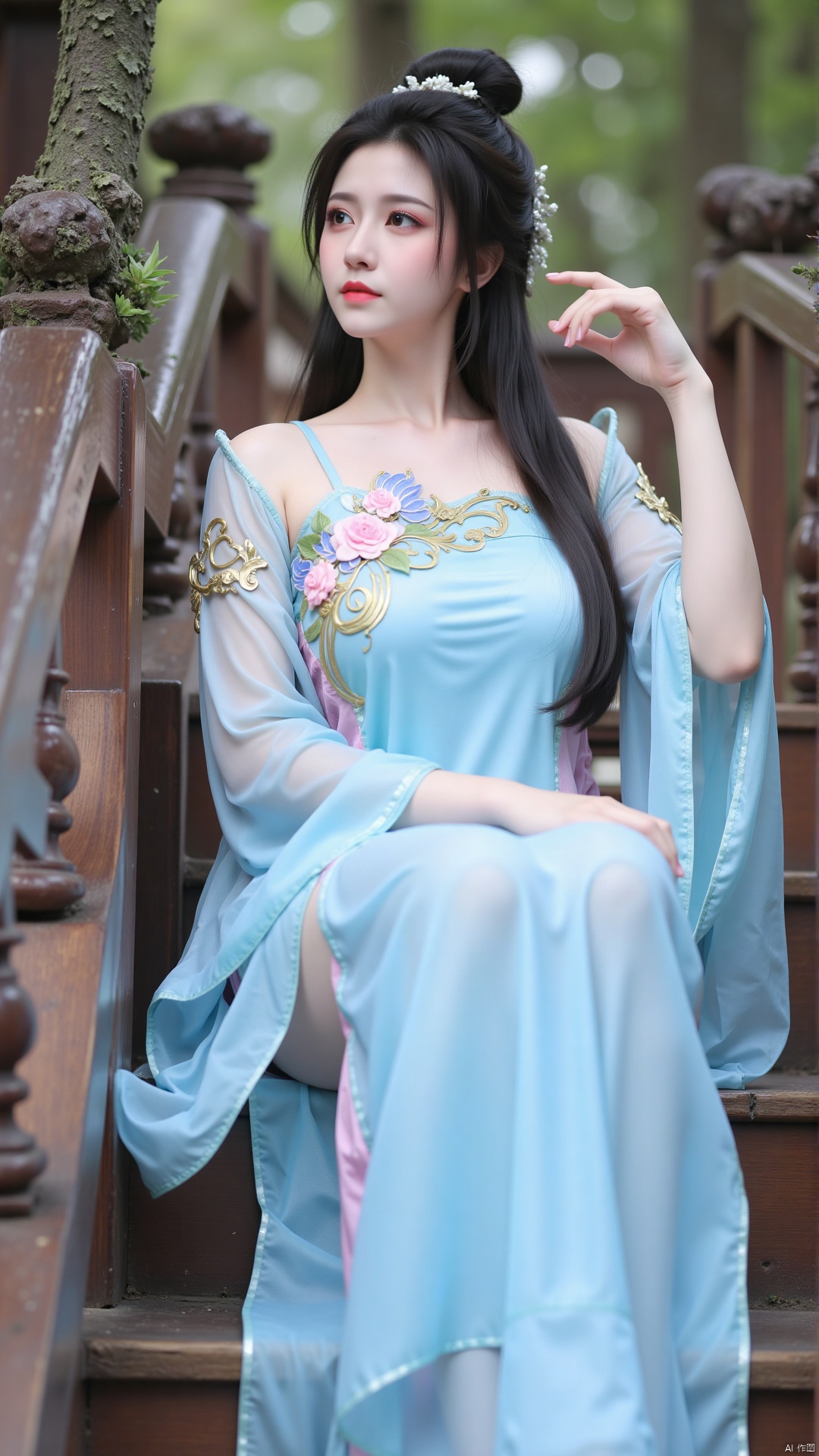 The image is a portrait of a young woman wearing a traditional Chinese Hanfu dress. She is sitting on a wooden staircase with a tree on the left side and a wooden railing on the right side. The woman is wearing a long, flowing blue dress with pink flowers on the bodice and skirt. She has long black hair tied up in a bun and is looking off to the side with a serious expression on her face. The background is blurred, but it appears to be a wooded area with trees and foliage. The overall mood of the image is peaceful and serene.