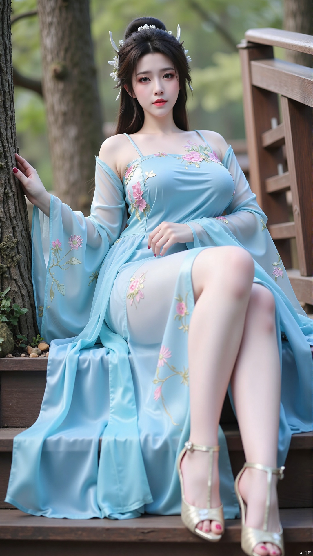 The image is a portrait of a young woman wearing a traditional Chinese Hanfu dress. She is sitting on a wooden staircase w...
