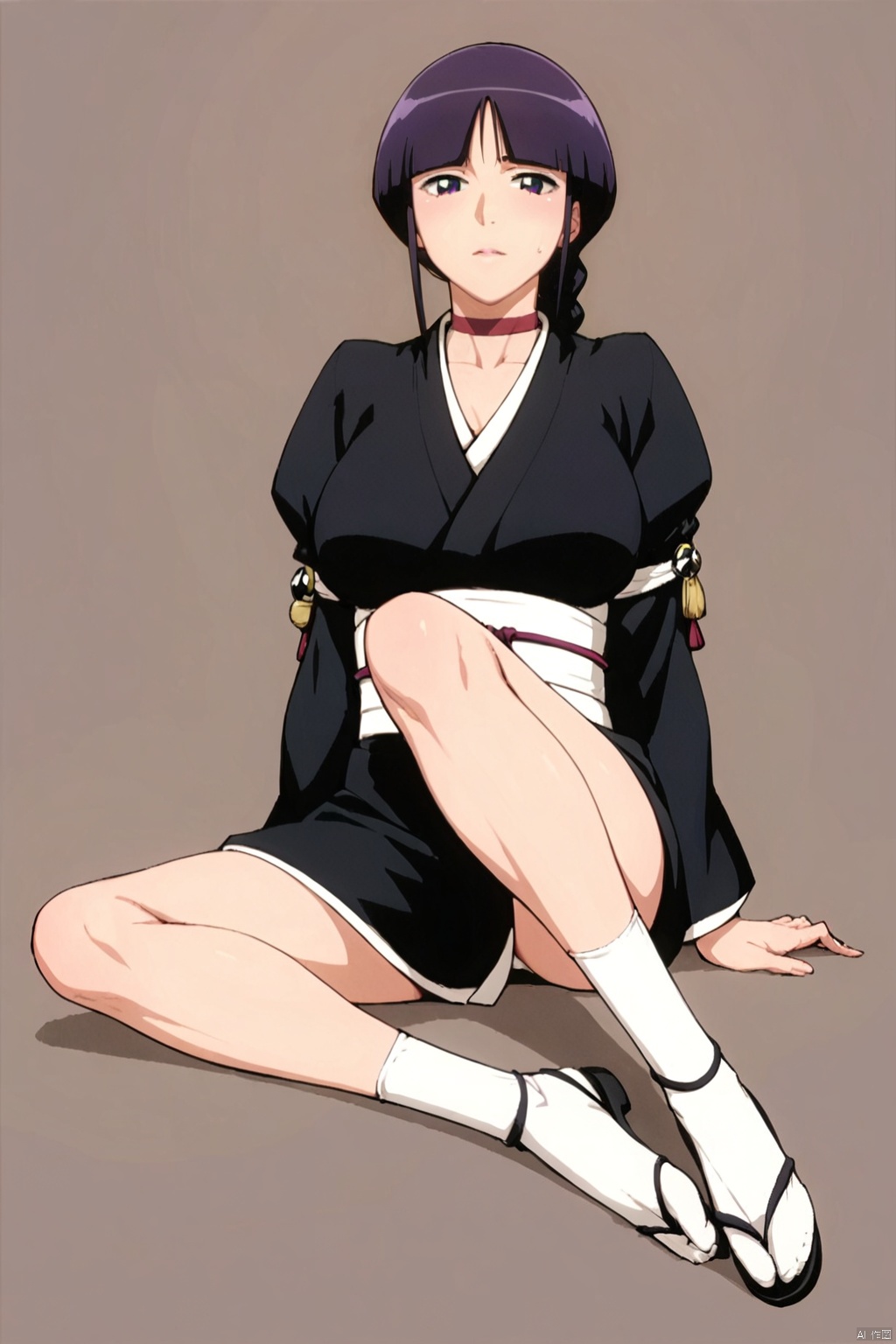 score_9_up,score_8_up,score_7_up,1girl, solo, long hair, breasts, large breasts, simple background, black hair, long sleeves, sitting on the ground, full body, purple hair, braid, japanese clothes, choker, socks, kimono, single braid, arm support, tabi, black kimono  ,MYM