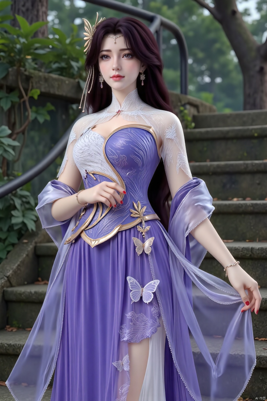  (masterpiece, best quality:1.4),finely detailed,1girl, solo, long hair, black hair, hair ornament, dress, jewelry, tree, blue dress, bug, butterfly, purple dress, stairs,YunXi,