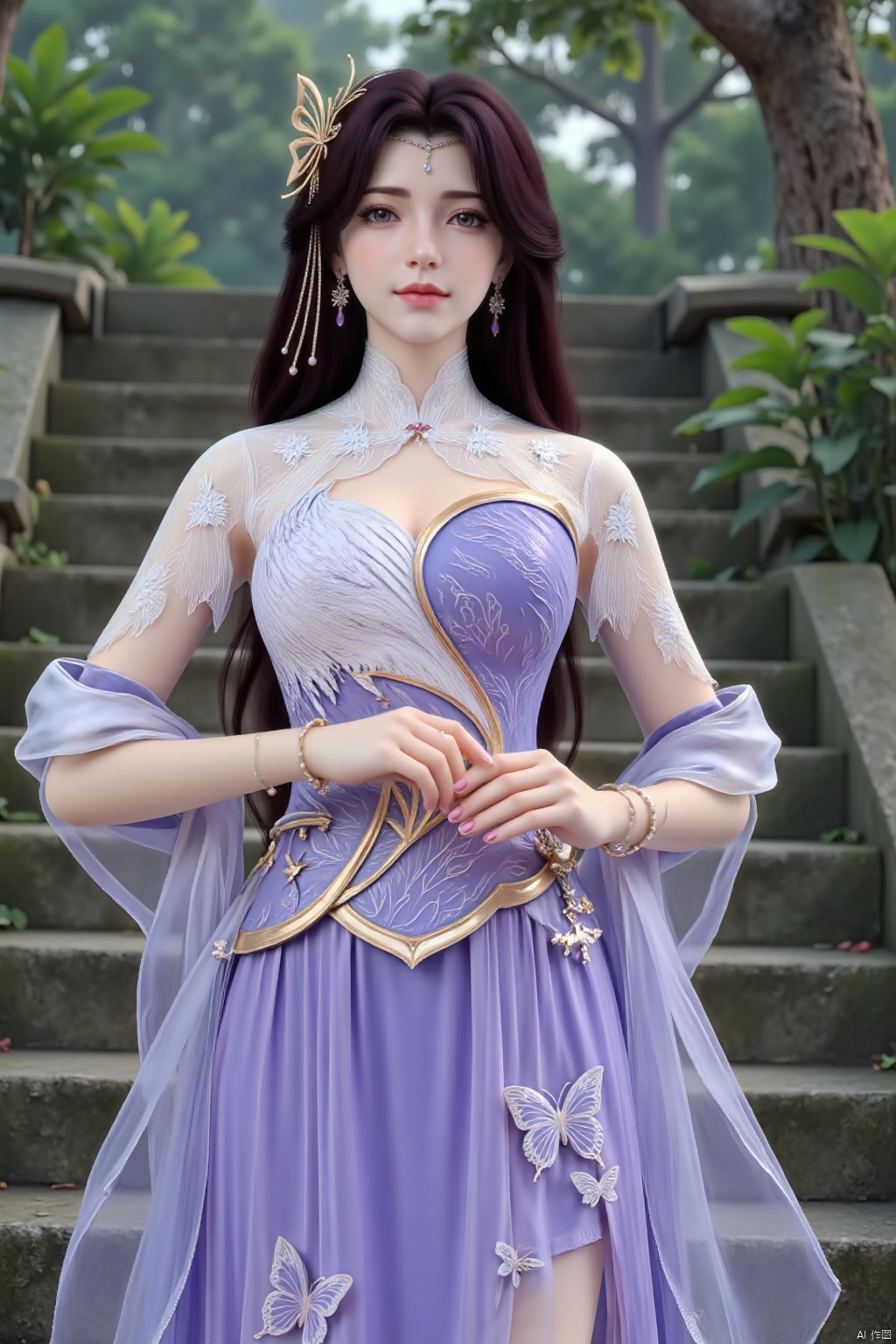  (masterpiece, best quality:1.4),finely detailed,1girl, solo, long hair, black hair, hair ornament, dress, jewelry, tree, blue dress, bug, butterfly, purple dress, stairs,YunXi,