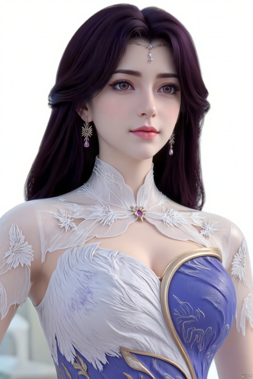  (masterpiece, best quality:1.4),finely detailed,1girl, solo, long hair, simple background, black hair, white background, dress, jewelry, upper body, purple hair, earrings, blue dress,YunXi,