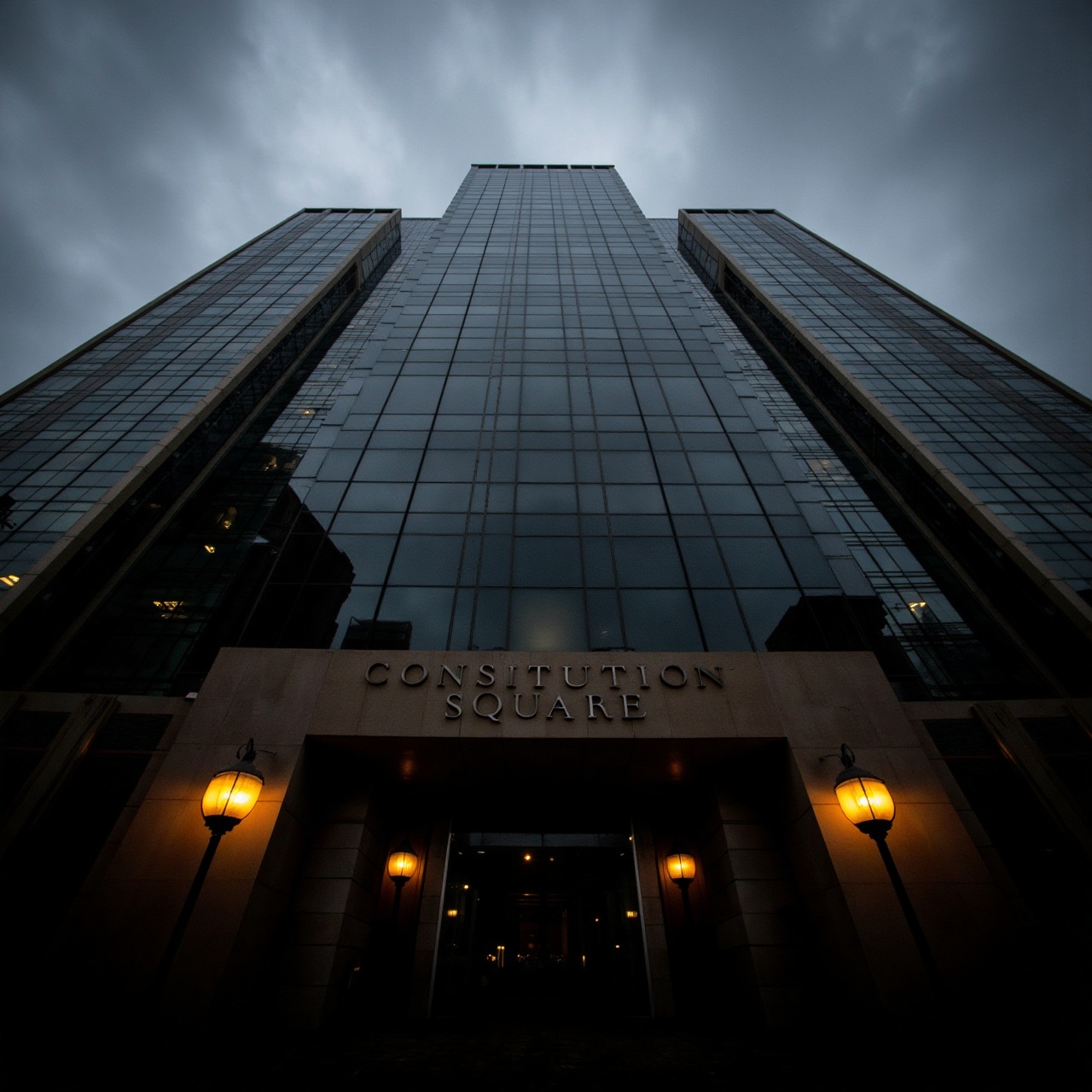 maxdark,  A low-angle perspective looks up at the tiered,  glass-clad facade of Constitution Square on Tensor.Art