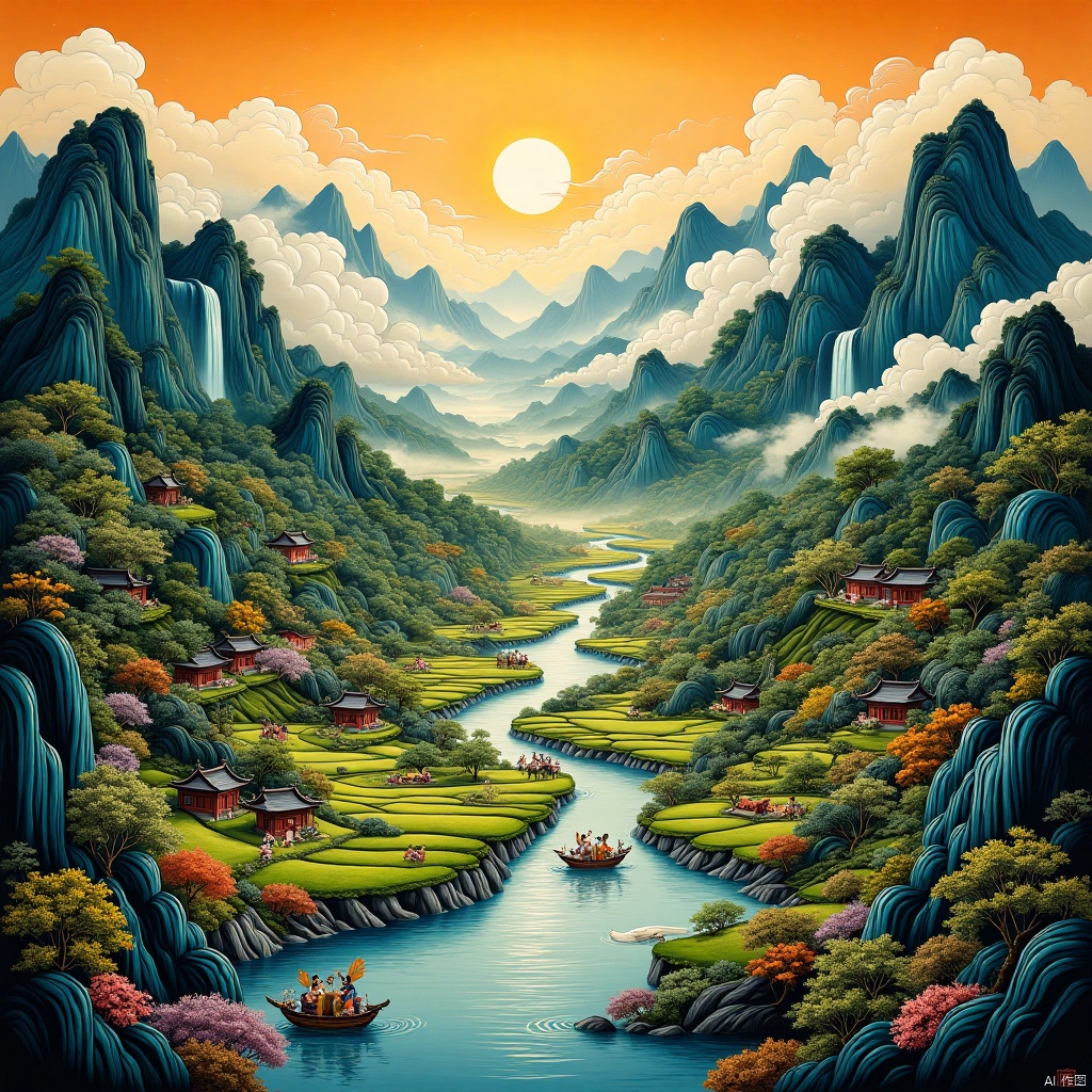 water fall,,,国画,Traditional Chinese Painting,Dot Matrix Hologram,vivid color,(Chinese traditional painting:1.1),rice paddy,water Country scene,light particles,bokeh,glowing 3D objects,no coral,characters,children,live streets,carriages,Guanyin in the sky,dragon,