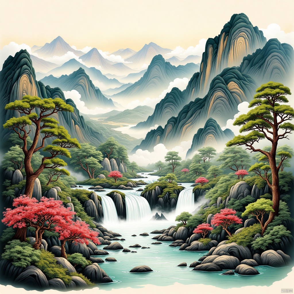 water fall,flowers,(as style,outdoors,trees,mountain),,国画,Traditional Chinese Painting