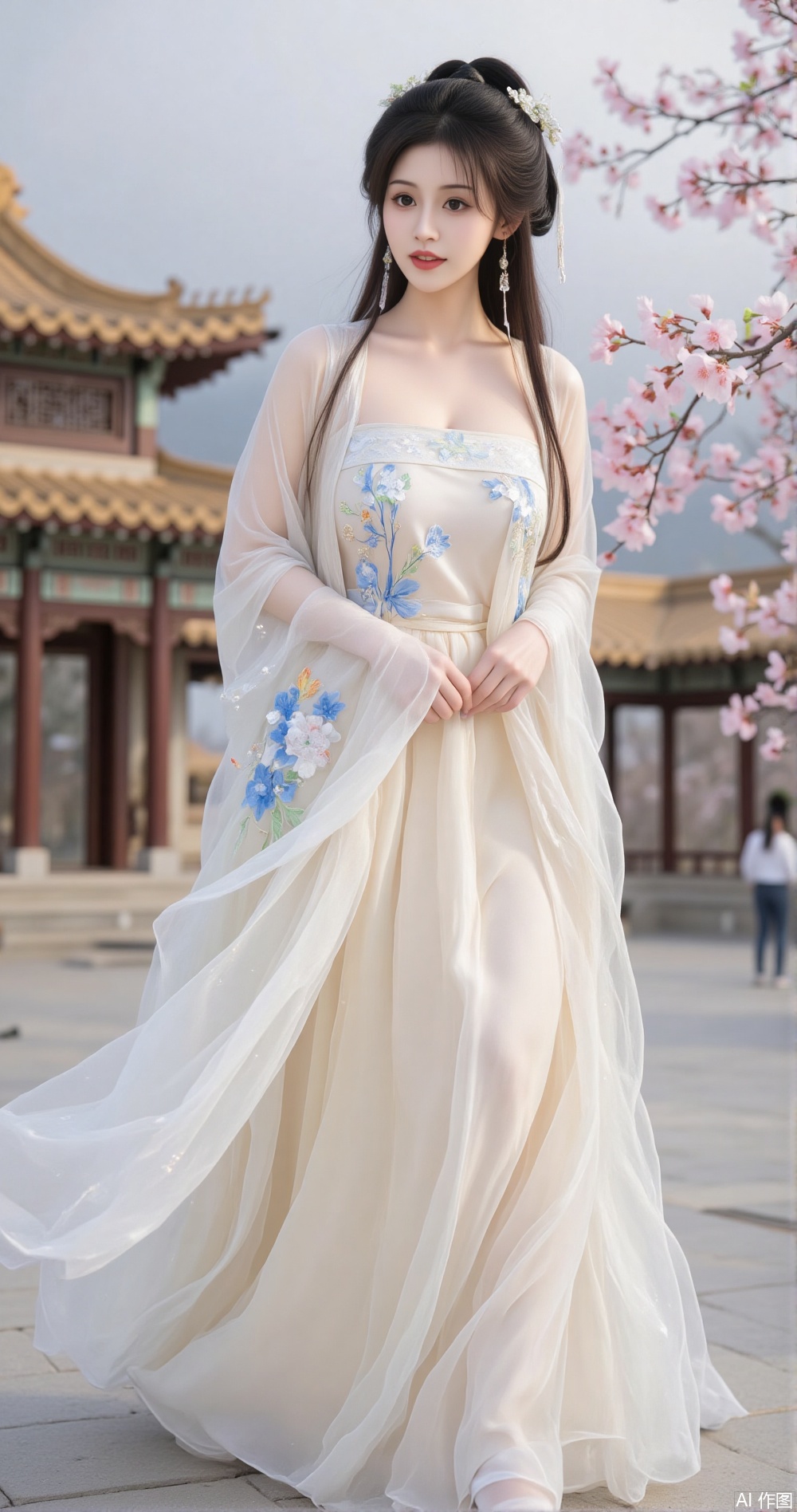 In the picture, a woman dressed in traditional Chinese clothes is graceful and graceful, and her whole body is full of elegant and dreamy breath, just like a fairy stepping out of a classical picture scroll. She is wearing a long dress, which seems to be lightly dyed by the clouds on the horizon, soft and elegant. On the skirt, the embroidery of blue and white flowers is lifelike, which seems to sway gently in the breeze. Every stitch and thread are subtle, and the soft tones are poetic, telling the warmth and affection of the Millennium, and interpreting the beauty of classical elegance to the fullest.
Her long hair hangs like ink satin, and some of it is high, like a finely carved black jade bun, decorated with gorgeous headdress. The headdress is dazzling, and colorful jewels are embedded in it, just like the stars fall on it. The falling beads sway gently, making a fine and pleasant sound, and every shake reveals luxury. Ear pendant echoes the headdress from a distance, like a double star in the night sky, showing exquisite details, as if all the elegance were solidified in time.
In the background, golden traditional buildings are looming in the clouds, with cornices and arches, and every line is flowing with the unique charm of the East. Clouds, like veils, gently envelop the building, making it like an independent pavilion in a fairyland, mysterious and charming. On the right side of the picture, a blooming pink flower blooms quietly, just like a touch of blush when a woman smiles, which complements the color of her dress, like a twin flower, and together sets off a picturesque soft and romantic atmosphere, making people feel like they are in a dream that will never fade.,陆雪琪