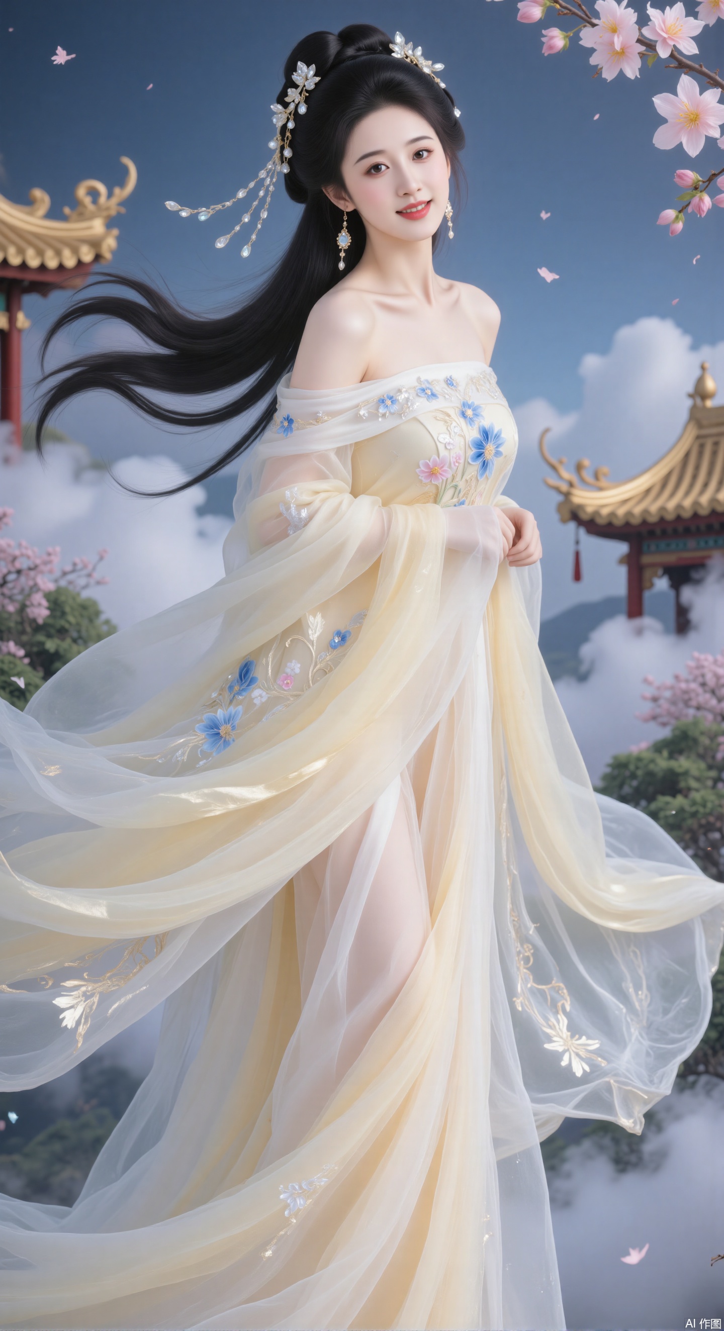 In the picture, a woman dressed in traditional Chinese clothes is graceful and graceful, and her whole body is full of elegant and dreamy breath, just like a fairy stepping out of a classical picture scroll. She is wearing a long dress, which seems to be lightly dyed by the clouds on the horizon, soft and elegant. On the skirt, the embroidery of blue and white flowers is lifelike, which seems to sway gently in the breeze. Every stitch and thread are subtle, and the soft tones are poetic, telling the warmth and affection of the Millennium, and interpreting the beauty of classical elegance to the fullest.
Her long hair hangs like ink satin, and some of it is high, like a finely carved black jade bun, decorated with gorgeous headdress. The headdress is dazzling, and colorful jewels are embedded in it, just like the stars fall on it. The falling beads sway gently, making a fine and pleasant sound, and every shake reveals luxury. Ear pendant echoes the headdress from a distance, like a double star in the night sky, showing exquisite details, as if all the elegance were solidified in time.
In the background, golden traditional buildings are looming in the clouds, with cornices and arches, and every line is flowing with the unique charm of the East. Clouds, like veils, gently envelop the building, making it like an independent pavilion in a fairyland, mysterious and charming. On the right side of the picture, a blooming pink flower blooms quietly, just like a touch of blush when a woman smiles, which complements the color of her dress, like a twin flower, and together sets off a picturesque soft and romantic atmosphere, making people feel like they are in a dream that will never fade.,陆雪琪