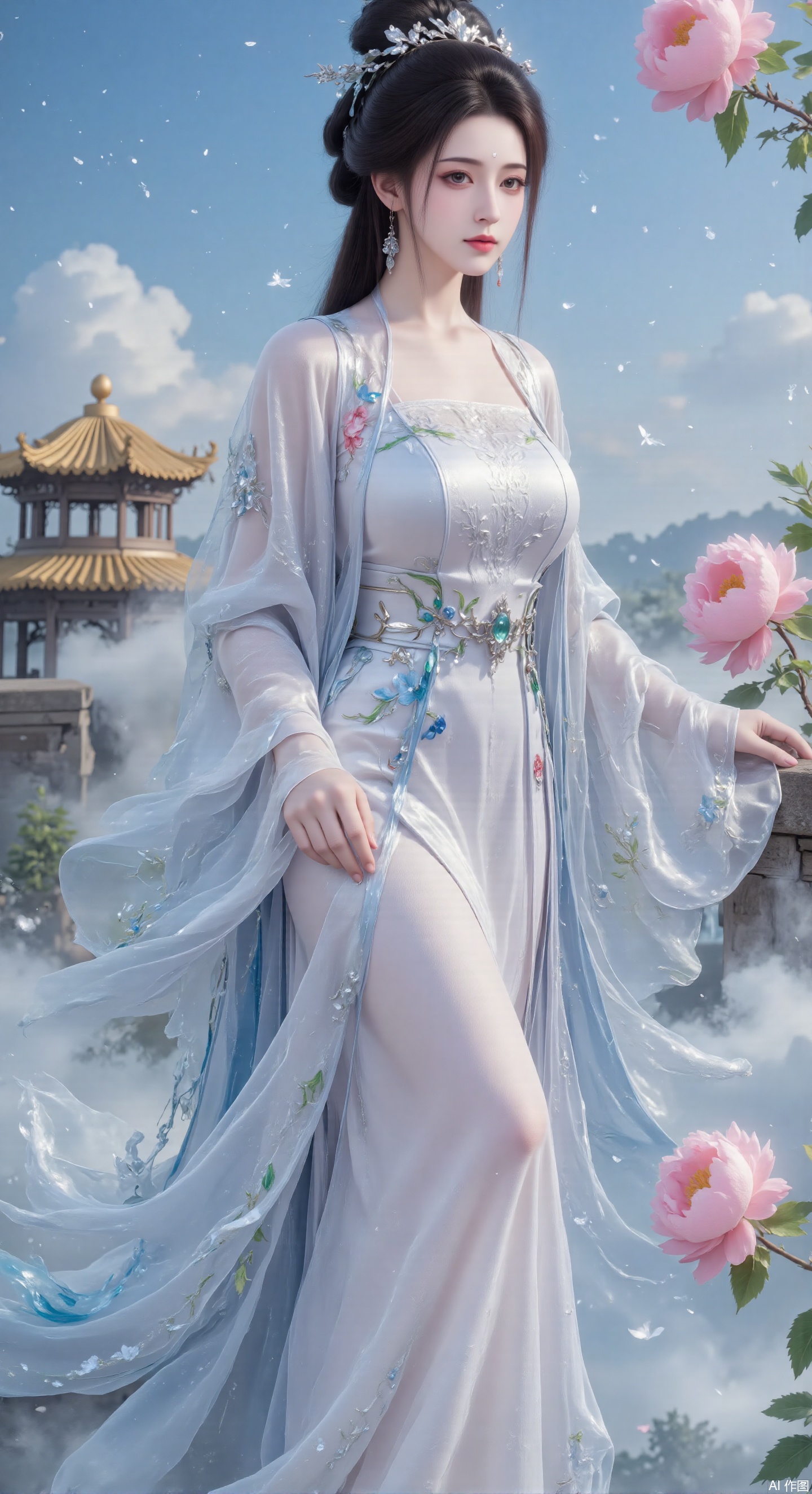 In the picture, a woman dressed in traditional Chinese clothes is graceful and graceful, and her whole body is full of elegant and dreamy breath, just like a fairy stepping out of a classical picture scroll. She is wearing a long dress, which seems to be lightly dyed by the clouds on the horizon, soft and elegant. On the skirt, the embroidery of blue and white flowers is lifelike, which seems to sway gently in the breeze. Every stitch and thread are subtle, and the soft tones are poetic, telling the warmth and affection of the Millennium, and interpreting the beauty of classical elegance to the fullest.
Her long hair hangs like ink satin, and some of it is high, like a finely carved black jade bun, decorated with gorgeous headdress. The headdress is dazzling, and colorful jewels are embedded in it, just like the stars fall on it. The falling beads sway gently, making a fine and pleasant sound, and every shake reveals luxury. Ear pendant echoes the headdress from a distance, like a double star in the night sky, showing exquisite details, as if all the elegance were solidified in time.
In the background, golden traditional buildings are looming in the clouds, with cornices and arches, and every line is flowing with the unique charm of the East. Clouds, like veils, gently envelop the building, making it like an independent pavilion in a fairyland, mysterious and charming. On the right side of the picture, a blooming pink flower blooms quietly, just like a touch of blush when a woman smiles, which complements the color of her dress, like a twin flower, and together sets off a picturesque soft and romantic atmosphere, making people feel like they are in a dream that will never fade.,陆雪琪