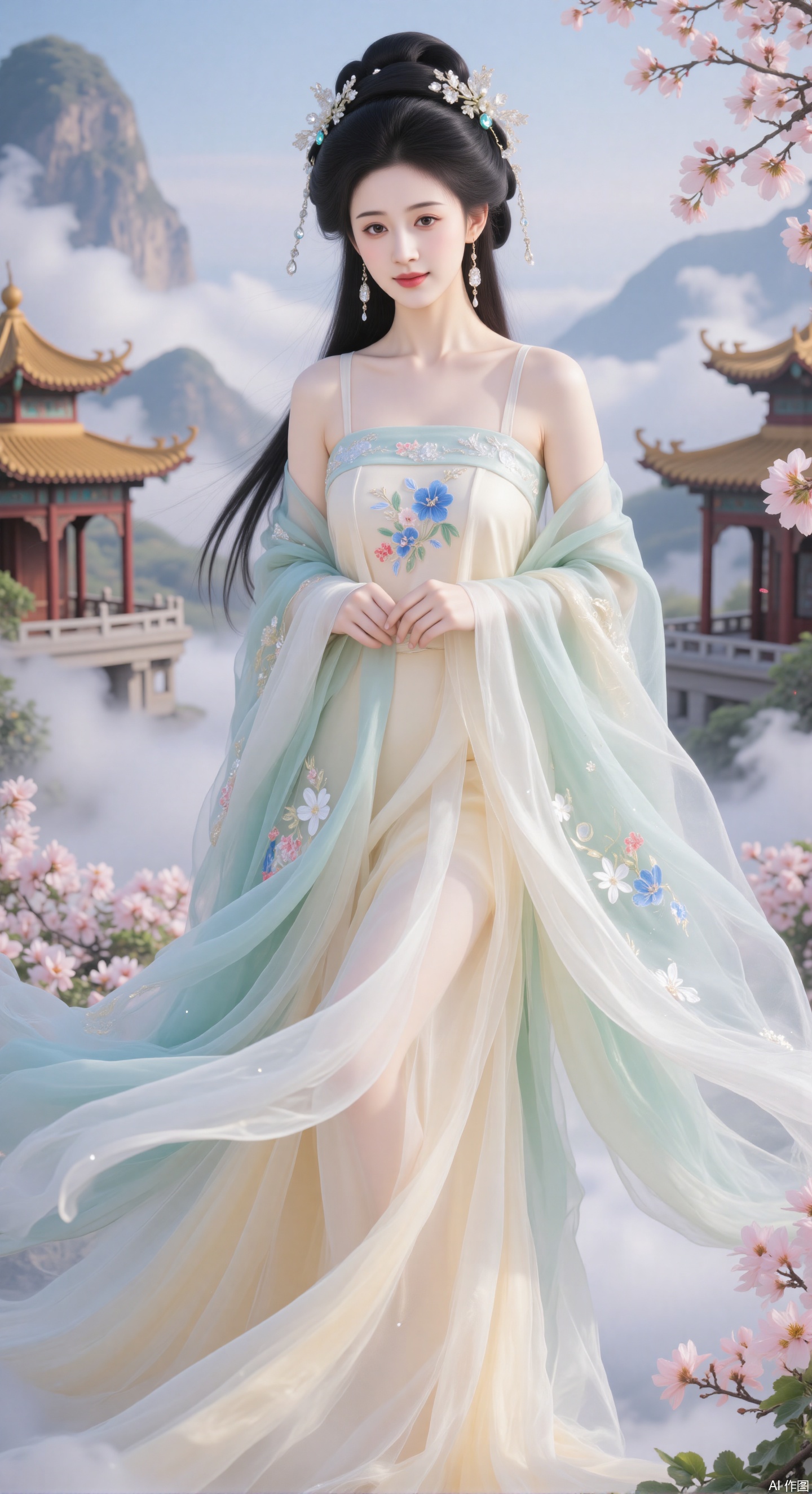 In the picture, a woman dressed in traditional Chinese clothes is graceful and graceful, and her whole body is full of elegant and dreamy breath, just like a fairy stepping out of a classical picture scroll. She is wearing a long dress, which seems to be lightly dyed by the clouds on the horizon, soft and elegant. On the skirt, the embroidery of blue and white flowers is lifelike, which seems to sway gently in the breeze. Every stitch and thread are subtle, and the soft tones are poetic, telling the warmth and affection of the Millennium, and interpreting the beauty of classical elegance to the fullest.
Her long hair hangs like ink satin, and some of it is high, like a finely carved black jade bun, decorated with gorgeous headdress. The headdress is dazzling, and colorful jewels are embedded in it, just like the stars fall on it. The falling beads sway gently, making a fine and pleasant sound, and every shake reveals luxury. Ear pendant echoes the headdress from a distance, like a double star in the night sky, showing exquisite details, as if all the elegance were solidified in time.
In the background, golden traditional buildings are looming in the clouds, with cornices and arches, and every line is flowing with the unique charm of the East. Clouds, like veils, gently envelop the building, making it like an independent pavilion in a fairyland, mysterious and charming. On the right side of the picture, a blooming pink flower blooms quietly, just like a touch of blush when a woman smiles, which complements the color of her dress, like a twin flower, and together sets off a picturesque soft and romantic atmosphere, making people feel like they are in a dream that will never fade.,陆雪琪
