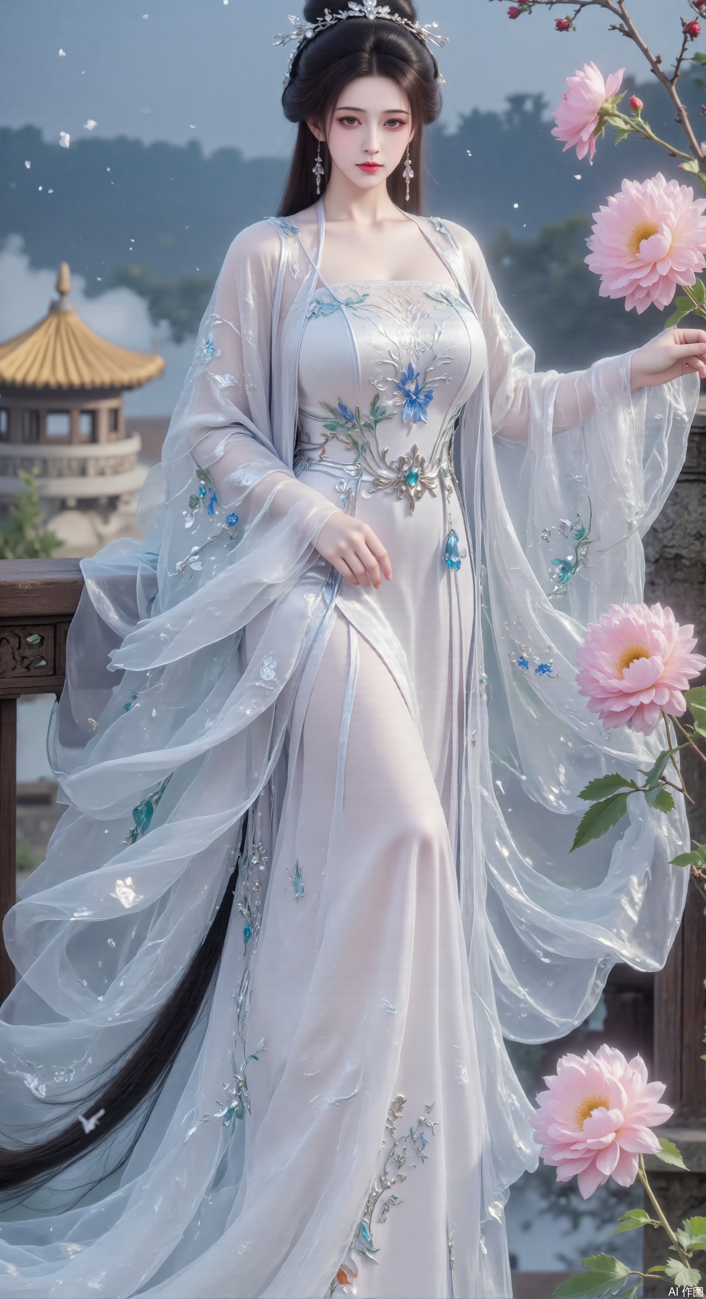 In the picture, a woman dressed in traditional Chinese clothes is graceful and graceful, and her whole body is full of elegant and dreamy breath, just like a fairy stepping out of a classical picture scroll. She is wearing a long dress, which seems to be lightly dyed by the clouds on the horizon, soft and elegant. On the skirt, the embroidery of blue and white flowers is lifelike, which seems to sway gently in the breeze. Every stitch and thread are subtle, and the soft tones are poetic, telling the warmth and affection of the Millennium, and interpreting the beauty of classical elegance to the fullest.
Her long hair hangs like ink satin, and some of it is high, like a finely carved black jade bun, decorated with gorgeous headdress. The headdress is dazzling, and colorful jewels are embedded in it, just like the stars fall on it. The falling beads sway gently, making a fine and pleasant sound, and every shake reveals luxury. Ear pendant echoes the headdress from a distance, like a double star in the night sky, showing exquisite details, as if all the elegance were solidified in time.
In the background, golden traditional buildings are looming in the clouds, with cornices and arches, and every line is flowing with the unique charm of the East. Clouds, like veils, gently envelop the building, making it like an independent pavilion in a fairyland, mysterious and charming. On the right side of the picture, a blooming pink flower blooms quietly, just like a touch of blush when a woman smiles, which complements the color of her dress, like a twin flower, and together sets off a picturesque soft and romantic atmosphere, making people feel like they are in a dream that will never fade.,陆雪琪