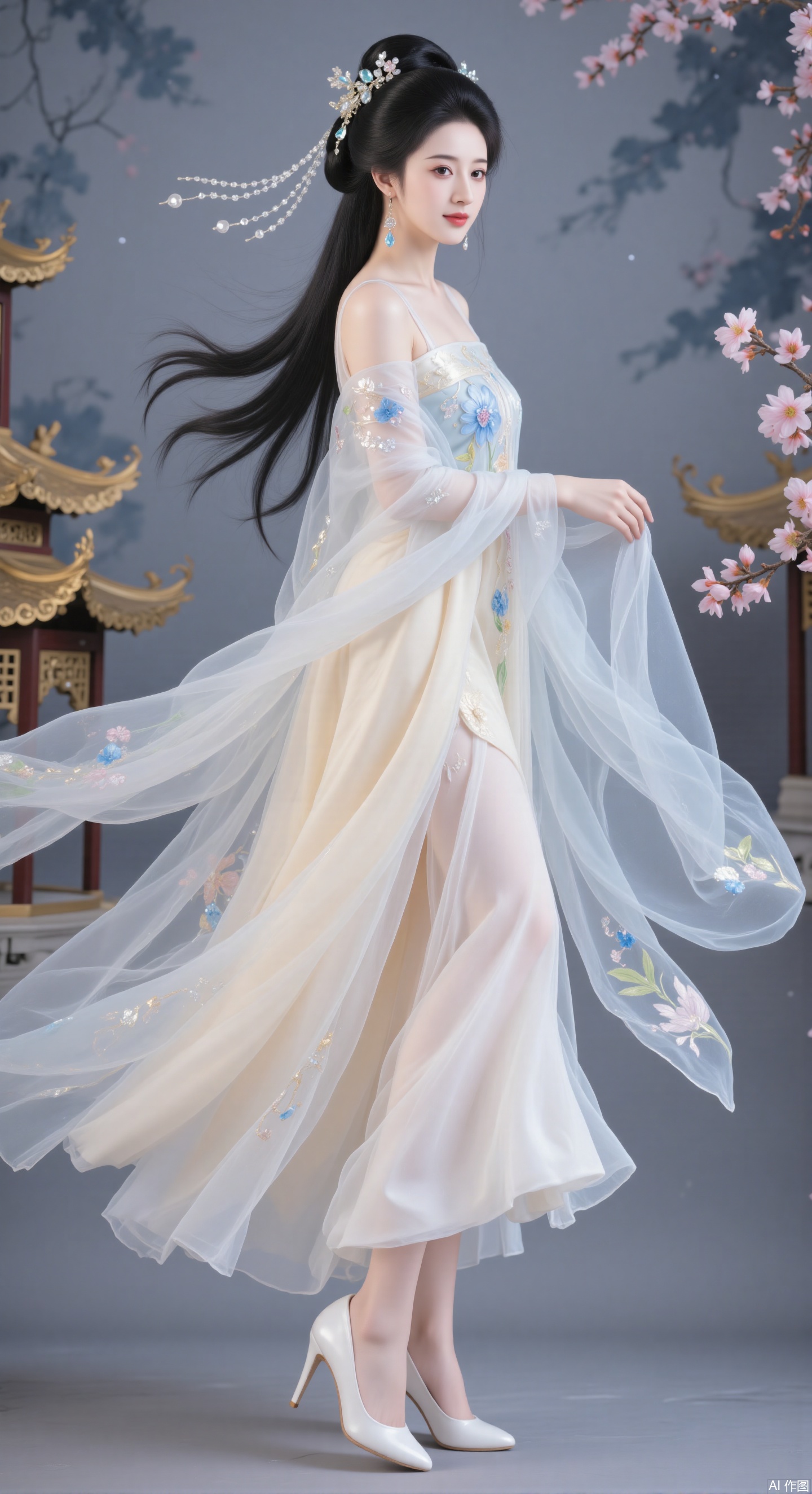 In the picture, a woman dressed in traditional Chinese clothes is graceful and graceful, and her whole body is full of elegant and dreamy breath, just like a fairy stepping out of a classical picture scroll. She is wearing a long dress, which seems to be lightly dyed by the clouds on the horizon, soft and elegant. On the skirt, the embroidery of blue and white flowers is lifelike, which seems to sway gently in the breeze. Every stitch and thread are subtle, and the soft tones are poetic, telling the warmth and affection of the Millennium, and interpreting the beauty of classical elegance to the fullest.
Her long hair hangs like ink satin, and some of it is high, like a finely carved black jade bun, decorated with gorgeous headdress. The headdress is dazzling, and colorful jewels are embedded in it, just like the stars fall on it. The falling beads sway gently, making a fine and pleasant sound, and every shake reveals luxury. Ear pendant echoes the headdress from a distance, like a double star in the night sky, showing exquisite details, as if all the elegance were solidified in time.
In the background, golden traditional buildings are looming in the clouds, with cornices and arches, and every line is flowing with the unique charm of the East. Clouds, like veils, gently envelop the building, making it like an independent pavilion in a fairyland, mysterious and charming. On the right side of the picture, a blooming pink flower blooms quietly, just like a touch of blush when a woman smiles, which complements the color of her dress, like a twin flower, and together sets off a picturesque soft and romantic atmosphere, making people feel like they are in a dream that will never fade.,陆雪琪