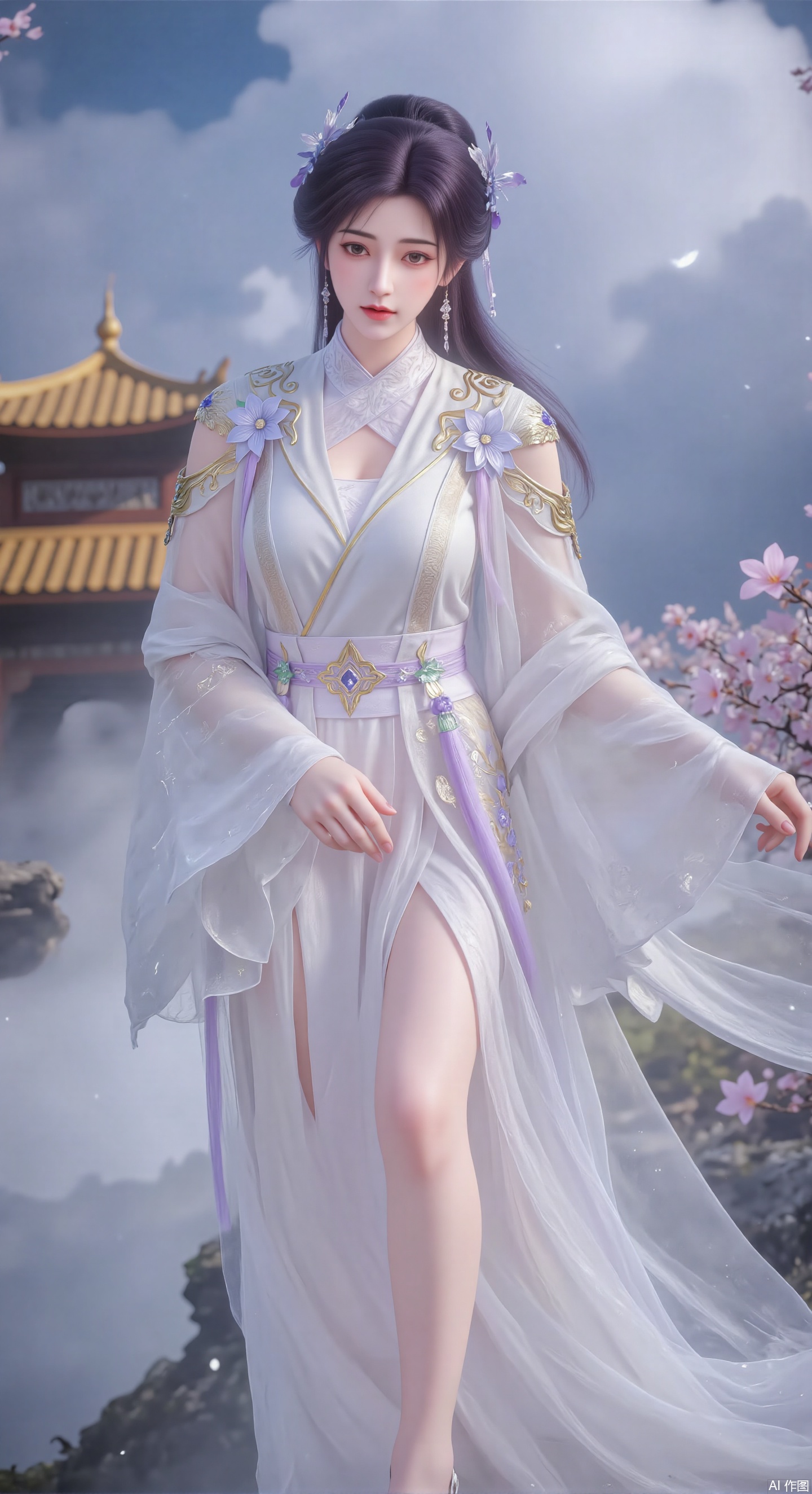 In the picture, a woman dressed in traditional Chinese clothes is graceful and graceful, and her whole body is full of elegant and dreamy breath, just like a fairy stepping out of a classical picture scroll. She is wearing a long dress, which seems to be lightly dyed by the clouds on the horizon, soft and elegant. On the skirt, the embroidery of blue and white flowers is lifelike, which seems to sway gently in the breeze. Every stitch and thread are subtle, and the soft tones are poetic, telling the warmth and affection of the Millennium, and interpreting the beauty of classical elegance to the fullest.
Her long hair hangs like ink satin, and some of it is high, like a finely carved black jade bun, decorated with gorgeous headdress. The headdress is dazzling, and colorful jewels are embedded in it, just like the stars fall on it. The falling beads sway gently, making a fine and pleasant sound, and every shake reveals luxury. Ear pendant echoes the headdress from a distance, like a double star in the night sky, showing exquisite details, as if all the elegance were solidified in time.
In the background, golden traditional buildings are looming in the clouds, with cornices and arches, and every line is flowing with the unique charm of the East. Clouds, like veils, gently envelop the building, making it like an independent pavilion in a fairyland, mysterious and charming. On the right side of the picture, a blooming pink flower blooms quietly, just like a touch of blush when a woman smiles, which complements the color of her dress, like a twin flower, and together sets off a picturesque soft and romantic atmosphere, making people feel like they are in a dream that will never fade.,陆雪琪