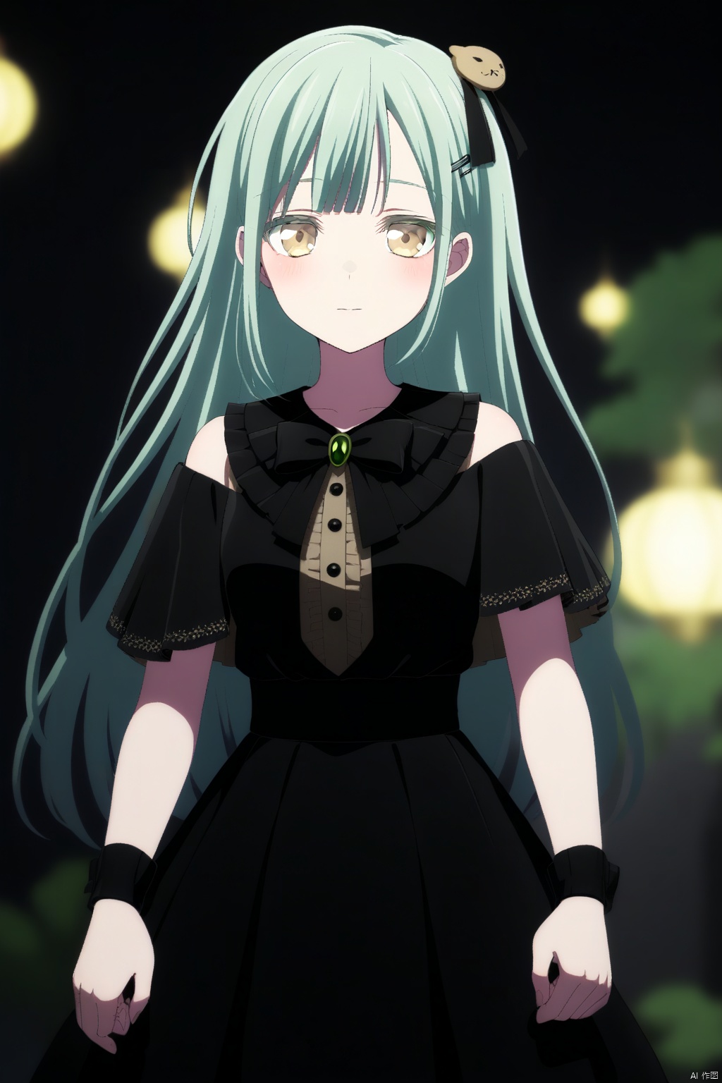 Wakaba Mutsumi,long hair,green hair,bangs,blunt bangs,yellow eyes,hair ornament,hairclip,