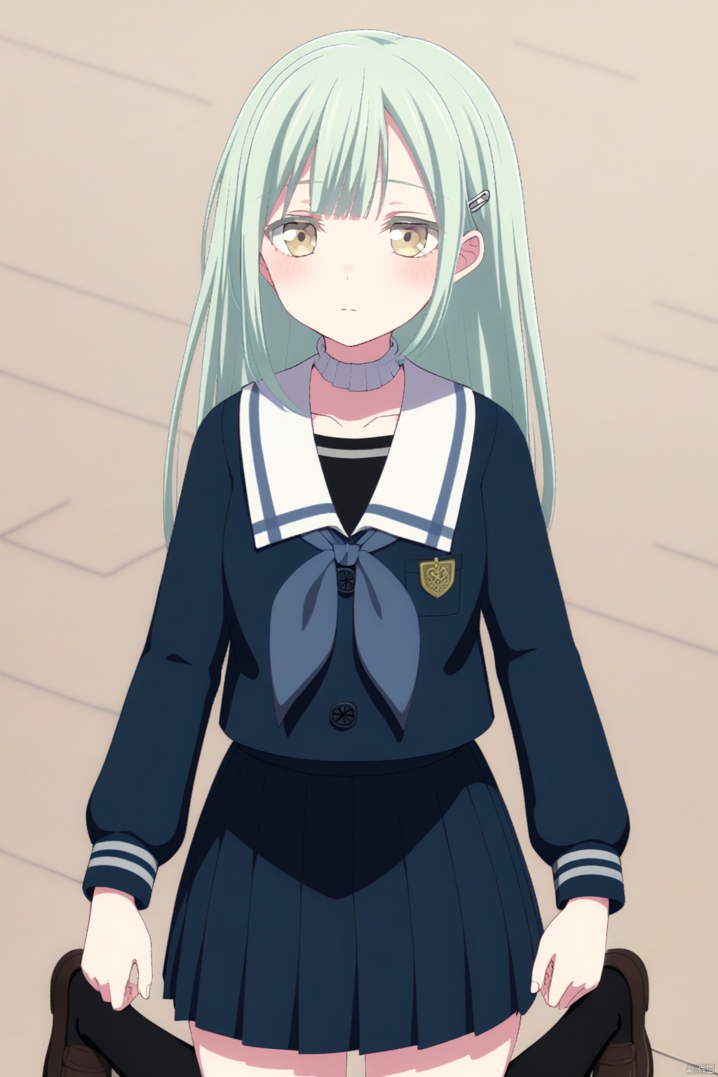 Wakaba Mutsumi,long hair,green hair,bangs,blunt bangs,yellow eyes,hair ornament,hairclip,
skirt,shirt,long sleeves,dress,school uniform, standing,pleated skirt,shoes,serafuku,socks,sailor collar,neckerchief,kneehighs,brown footwear,black socks,loafers,white sailor collar,blue neckerchief, navy blue school uniform with a white collar