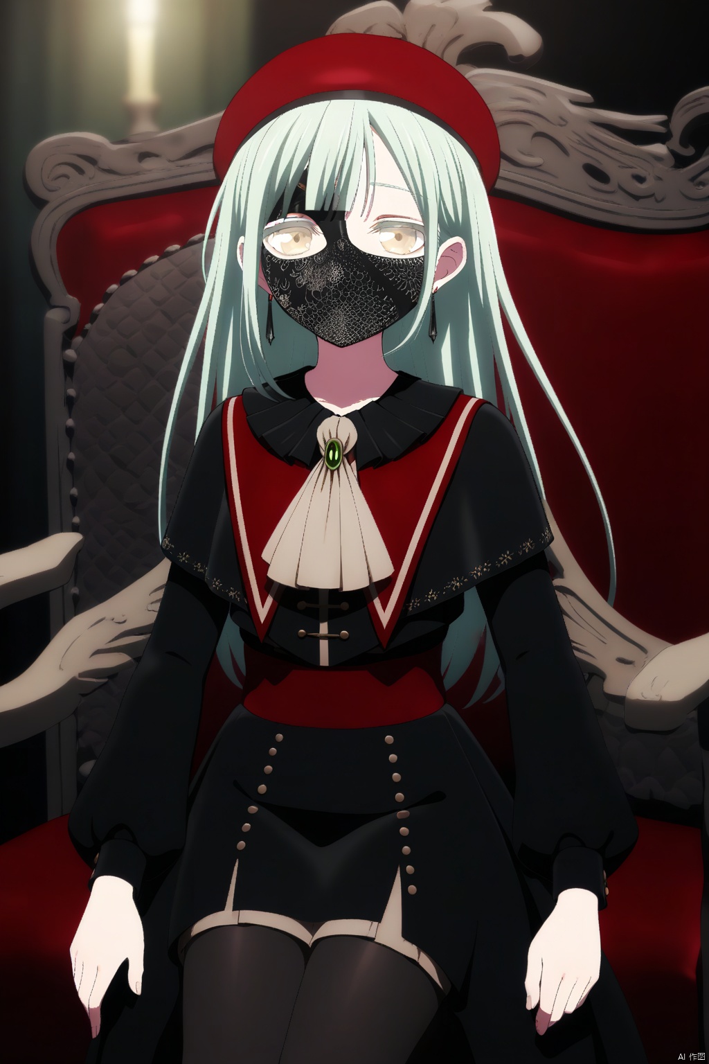 Wakaba Mutsumi,long hair,green hair,bangs,blunt bangs,yellow eyes,hair ornament,hairclip,
long sleeves,hat,dress,jewelry,pantyhose,earrings,ascot,beret,red footwear,red headwear,black_mask