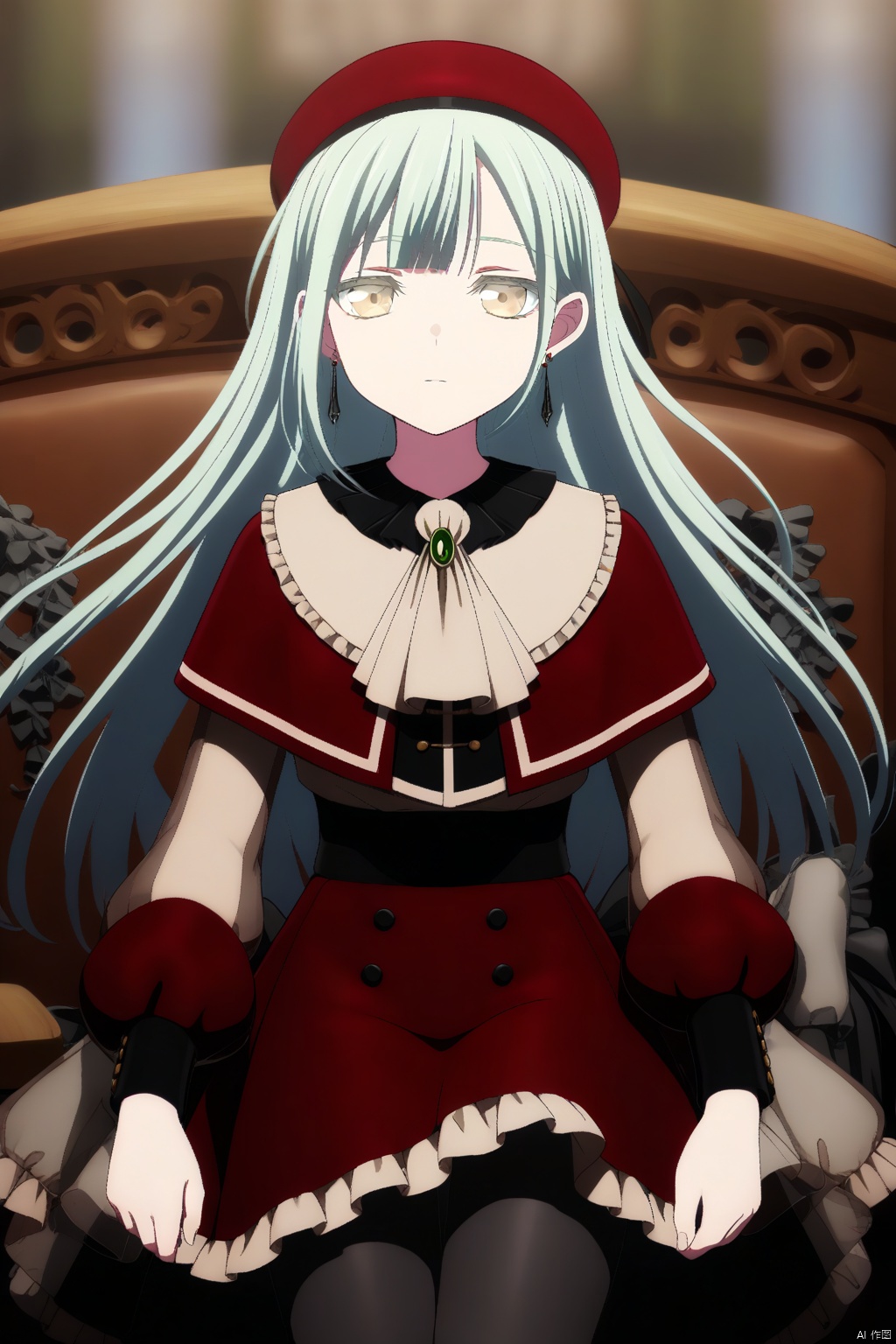 Wakaba Mutsumi,long hair,green hair,bangs,blunt bangs,yellow eyes,hair ornament,hairclip,
long sleeves,hat,dress,jewelry,pantyhose,earrings,ascot,beret,red footwear,red headwear,