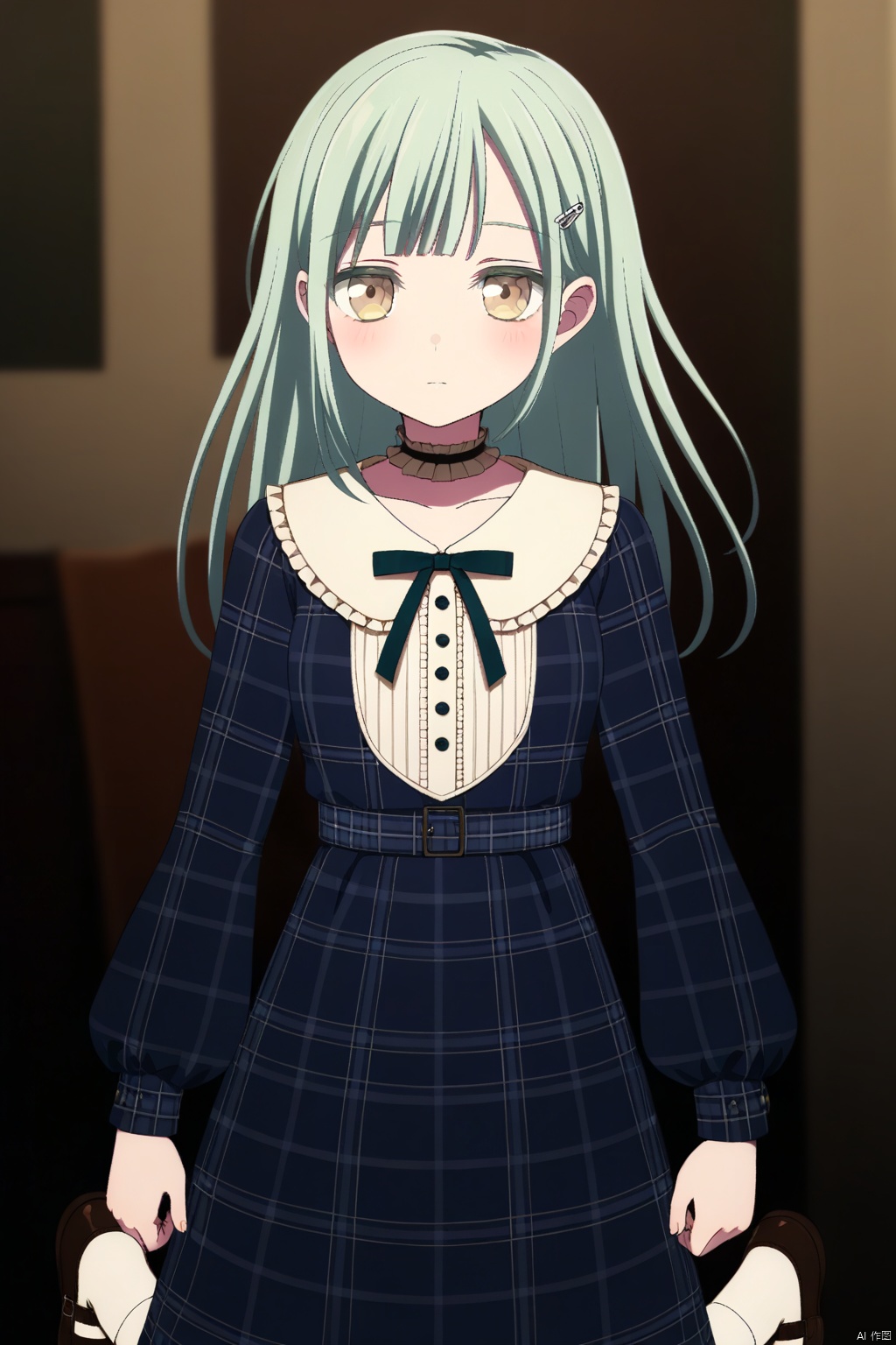 Wakaba Mutsumi,long hair,green hair,bangs,blunt bangs,yellow eyes,hair ornament,hairclip,
long sleeves,dress,bow,ribbon,shoes,choker,socks,plaid,neck ribbon,blue dress,white socks, mary janes,plaid dress,
