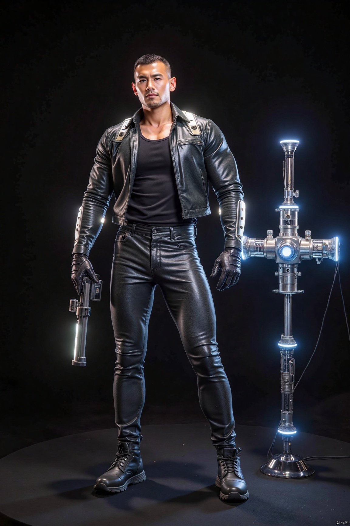 1man,solo,realistic,male focus, muscular, Skin texture,Future style gel coat,Future Combat Suit,Glowing Clothing,Laser gun,Future Technology Space Station,full body,high detail, ultra-high resolution,32K UHD, clear focus, best quality, masterpiece,jzns,plns